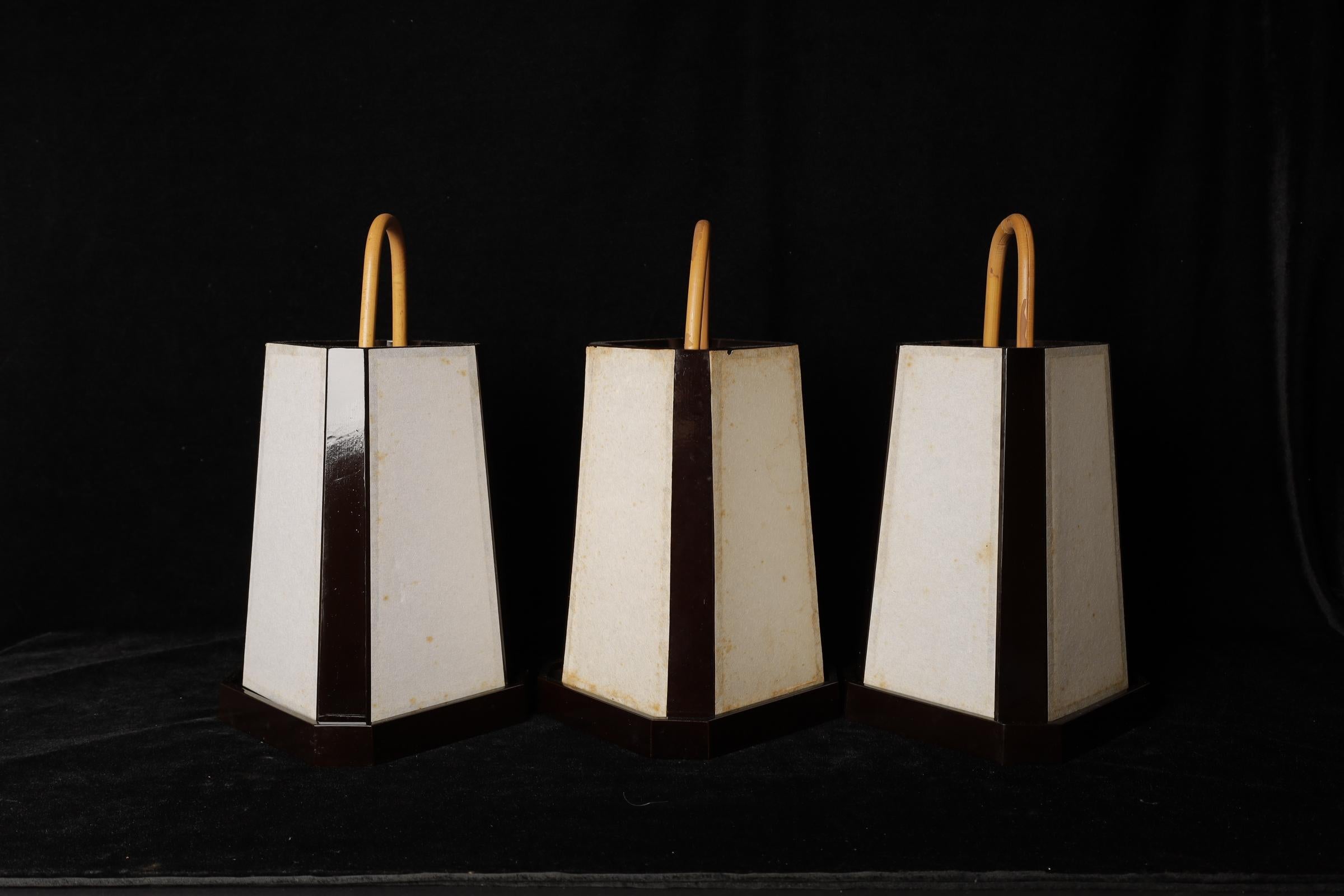 Beautiful   Japanese  Andon lanterns set of 3 for tea ceremony . Wood frame with Awashi handmade paper and bamboo handle. A beautiful addition to any room! It can be used with simple candle and all create very soft light and unique environment. 