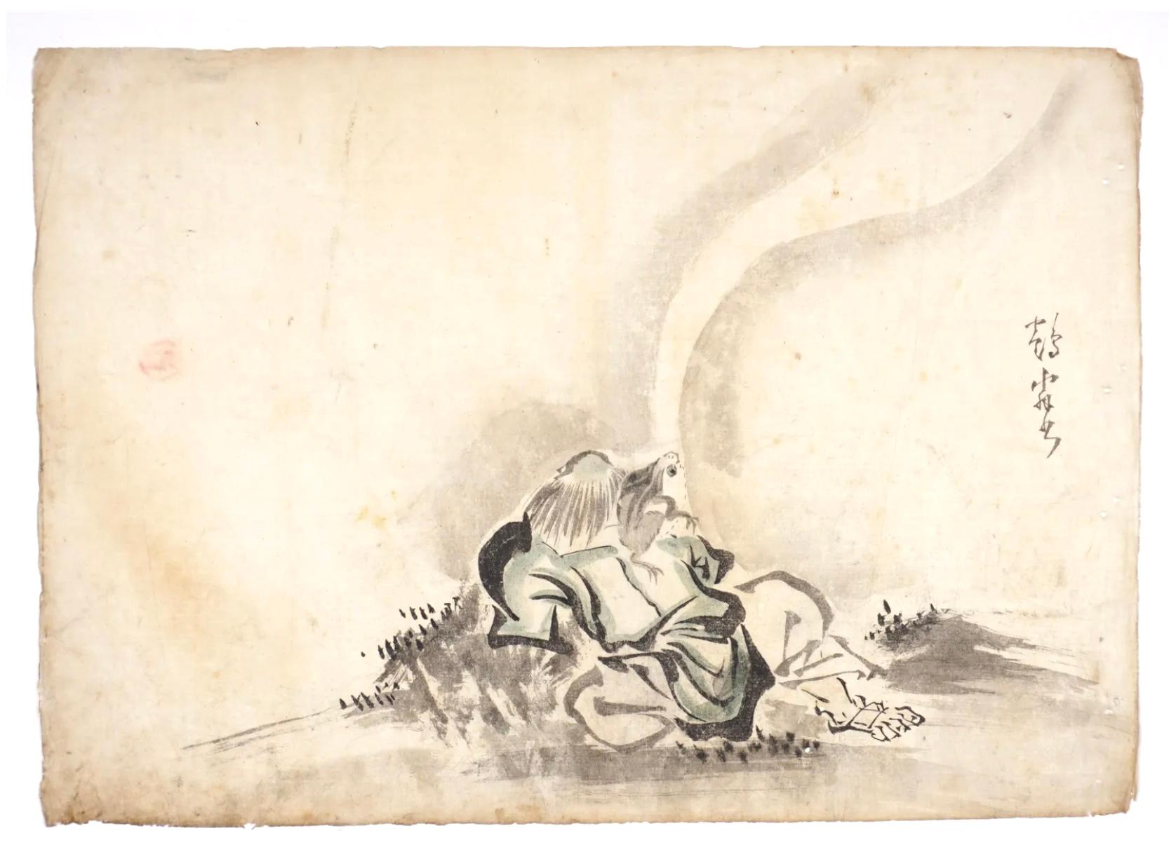 Manner of ITCHO, Hanabusa, (Japanese, 1652-1724): Three watercolor and ink drawings on paper, to include:
1) Man seated with monkey , signed right side, 16.25