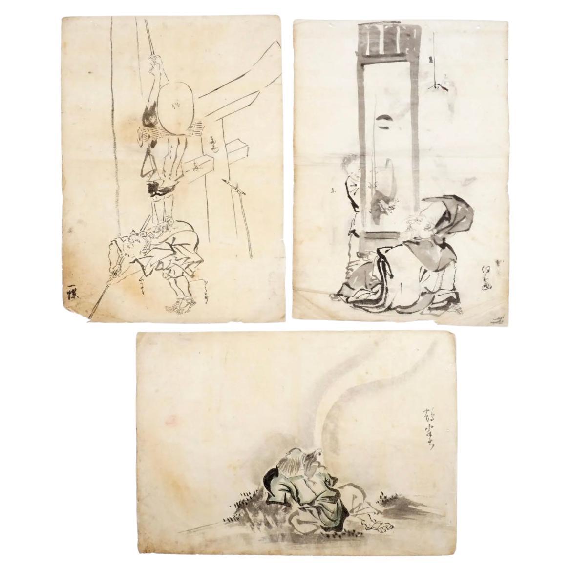 Set of Three Japanese Watercolors in the Manner of Hanabusa Itcho For Sale