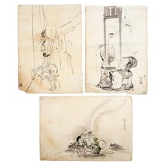 Retro Set of Three Japanese Watercolors in the Manner of Hanabusa Itcho