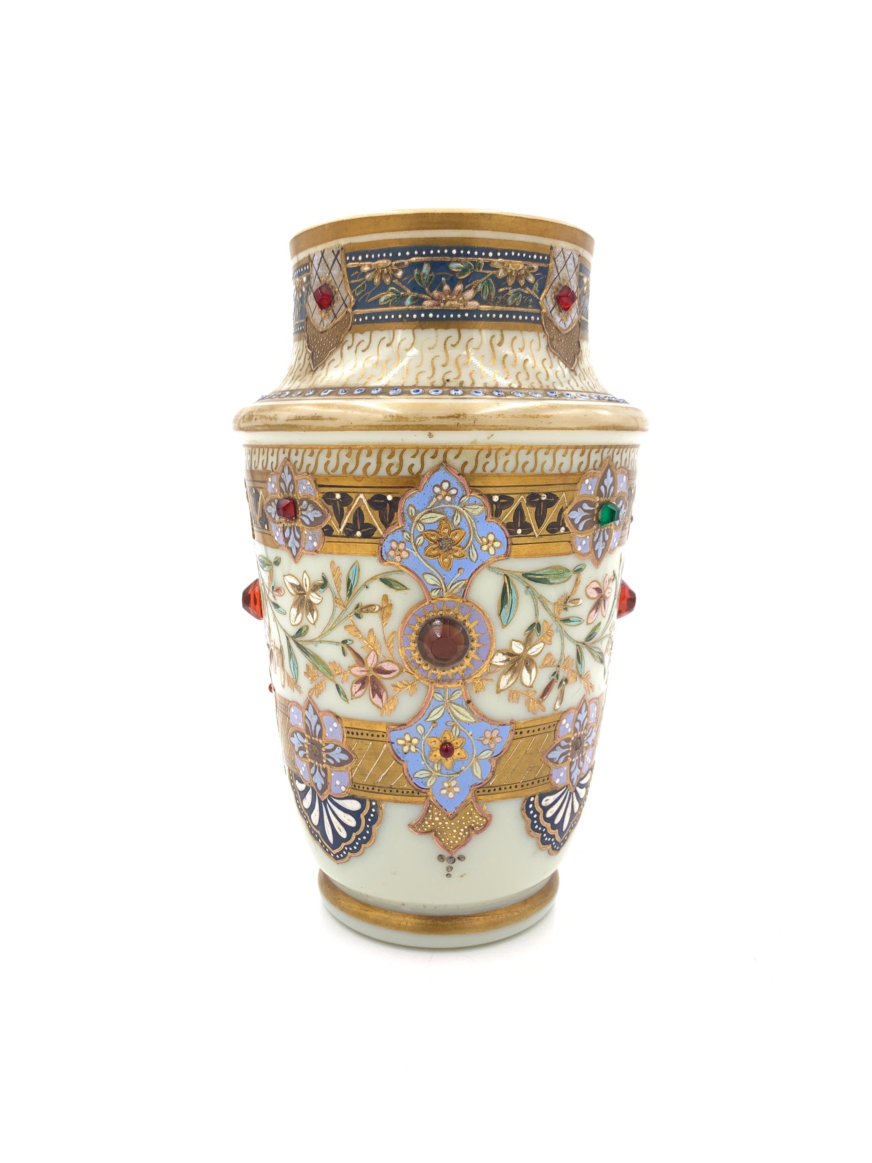 Czech Set of Three Jewelled Bohemian Opaline Vases, 19th Century For Sale
