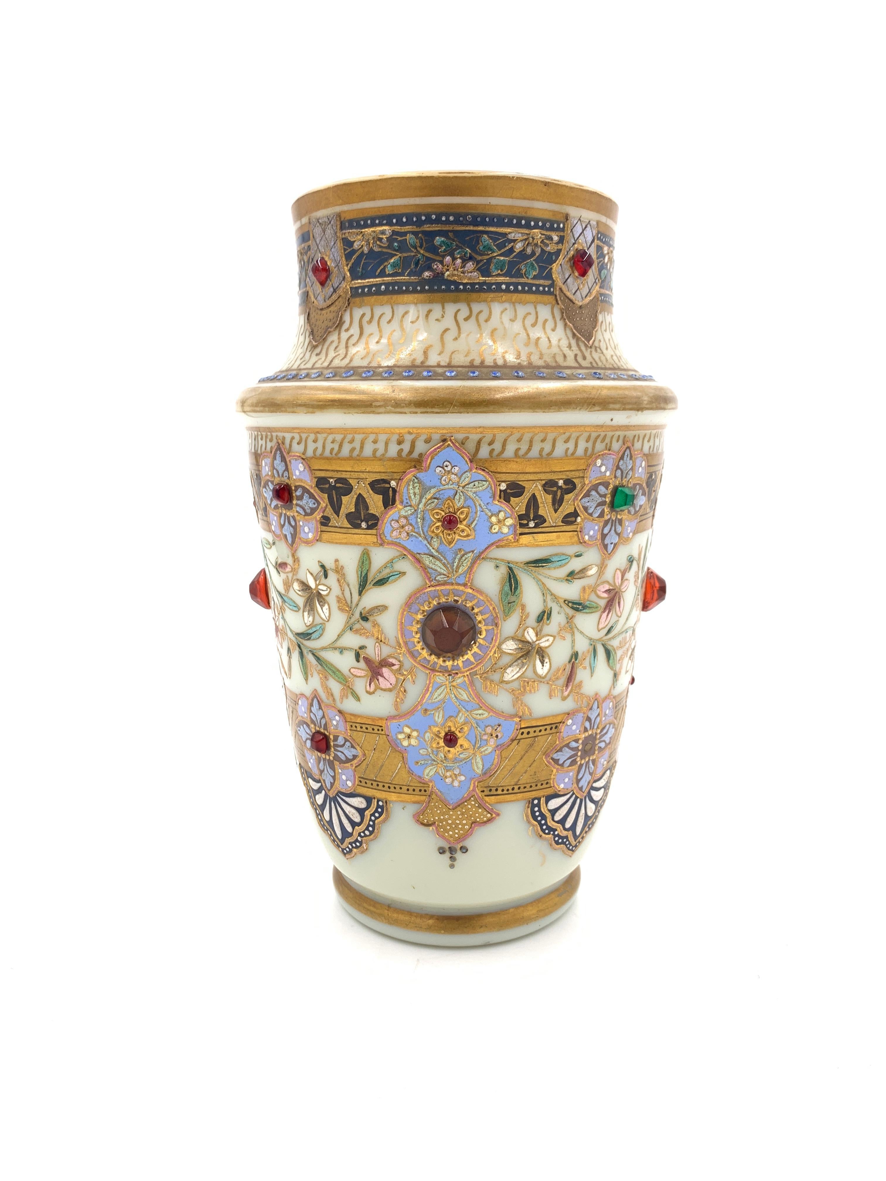 Opaline Glass Set of Three Jewelled Bohemian Opaline Vases, 19th Century For Sale