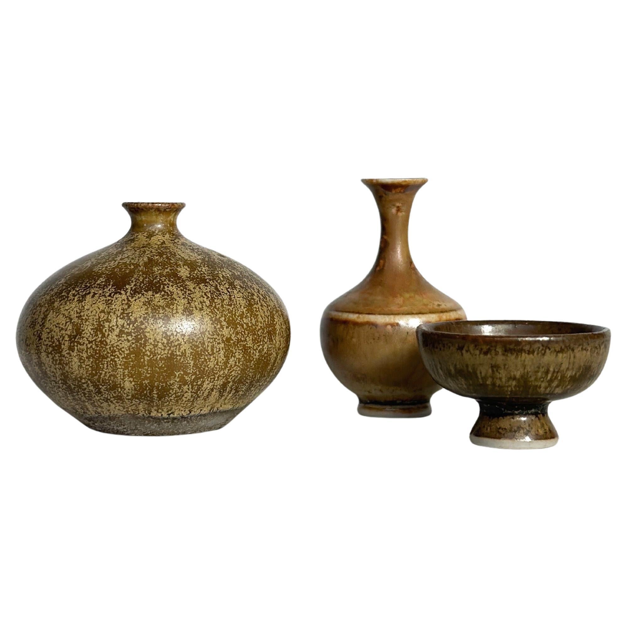 Set di tre vasi in miniatura John Andersson Höganäs Svezia 1960 Vaso in gres in vendita