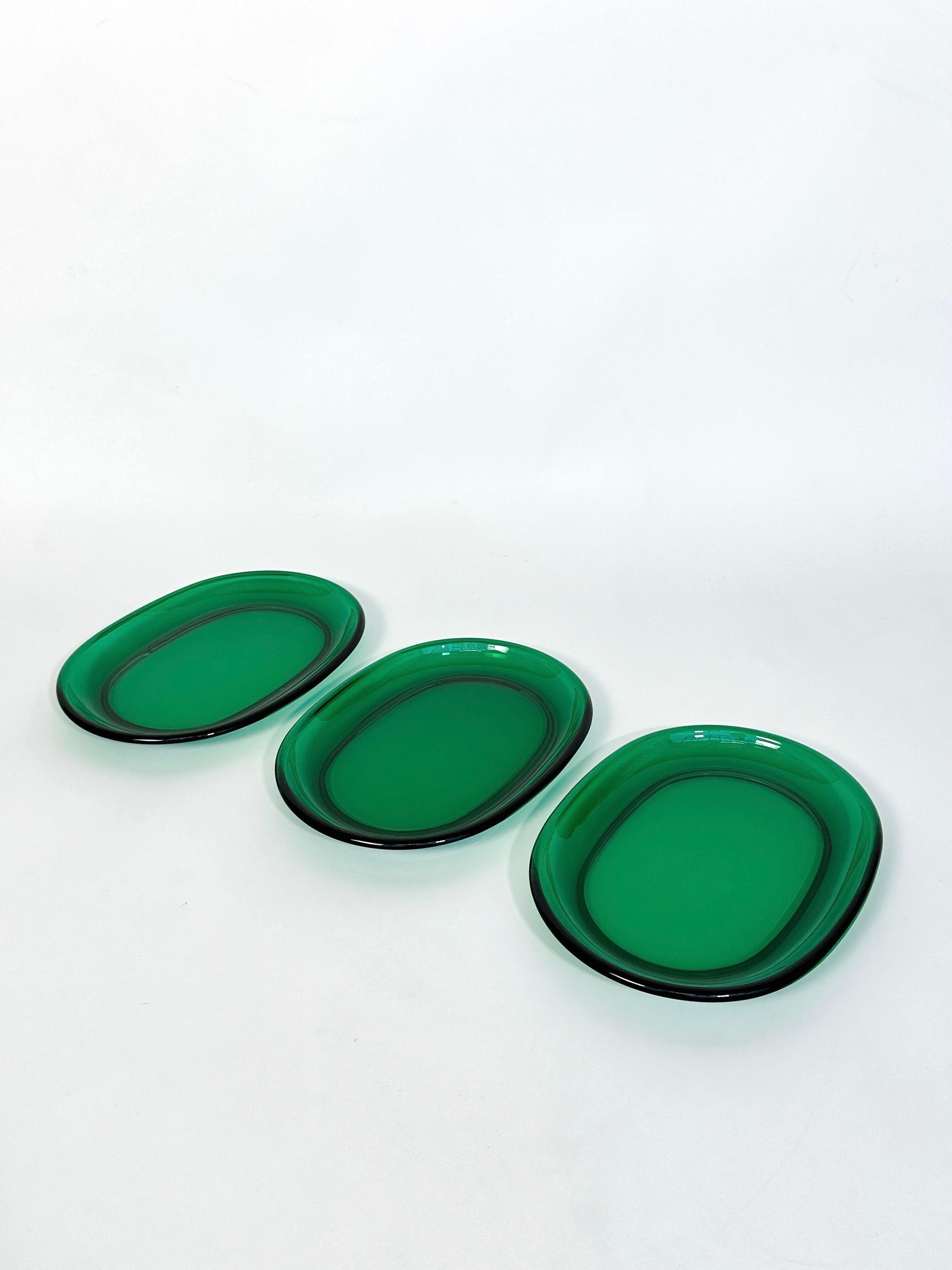Swedish Set of Three Josef Frank Glass Plates Lobster Plates Reijmyre Sweden 1960s Green