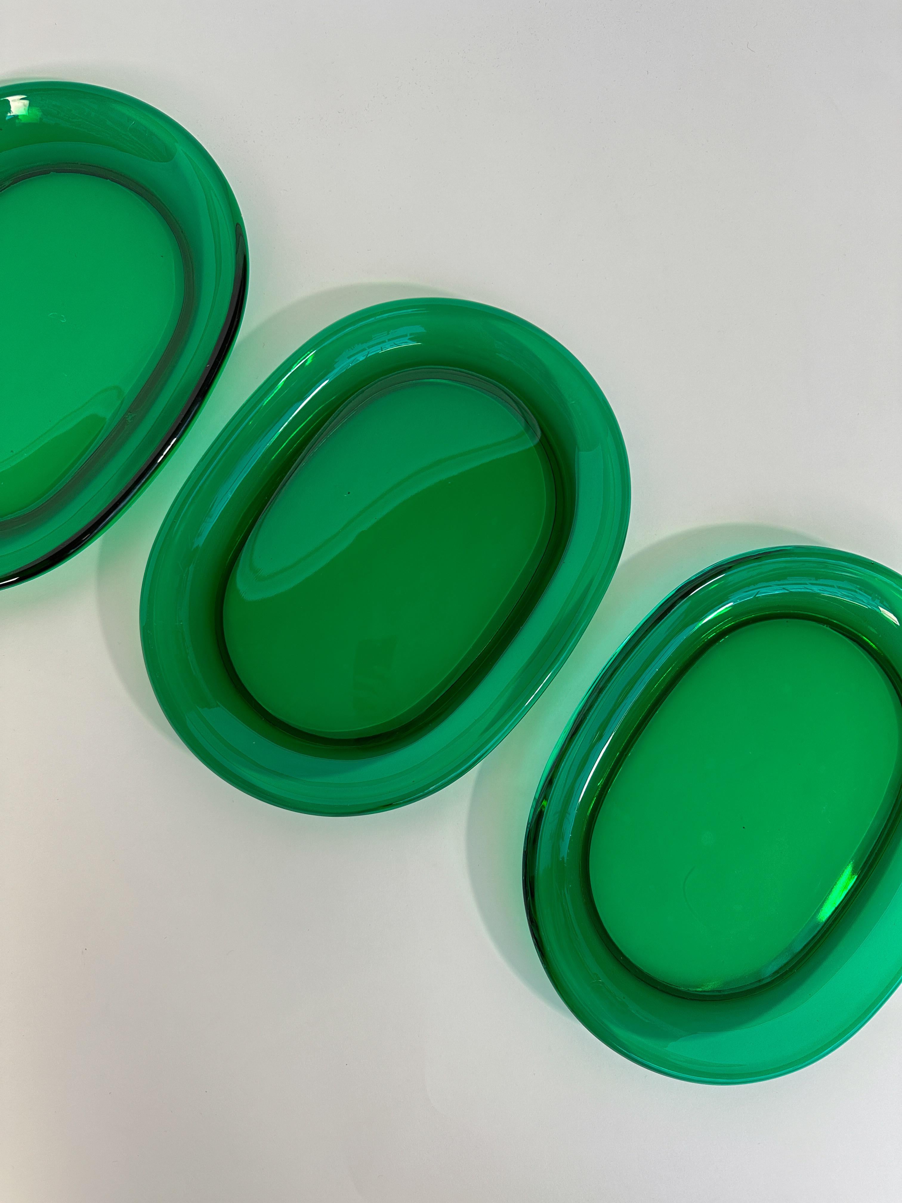 Art Glass Set of Three Josef Frank Glass Plates Lobster Plates Reijmyre Sweden 1960s Green
