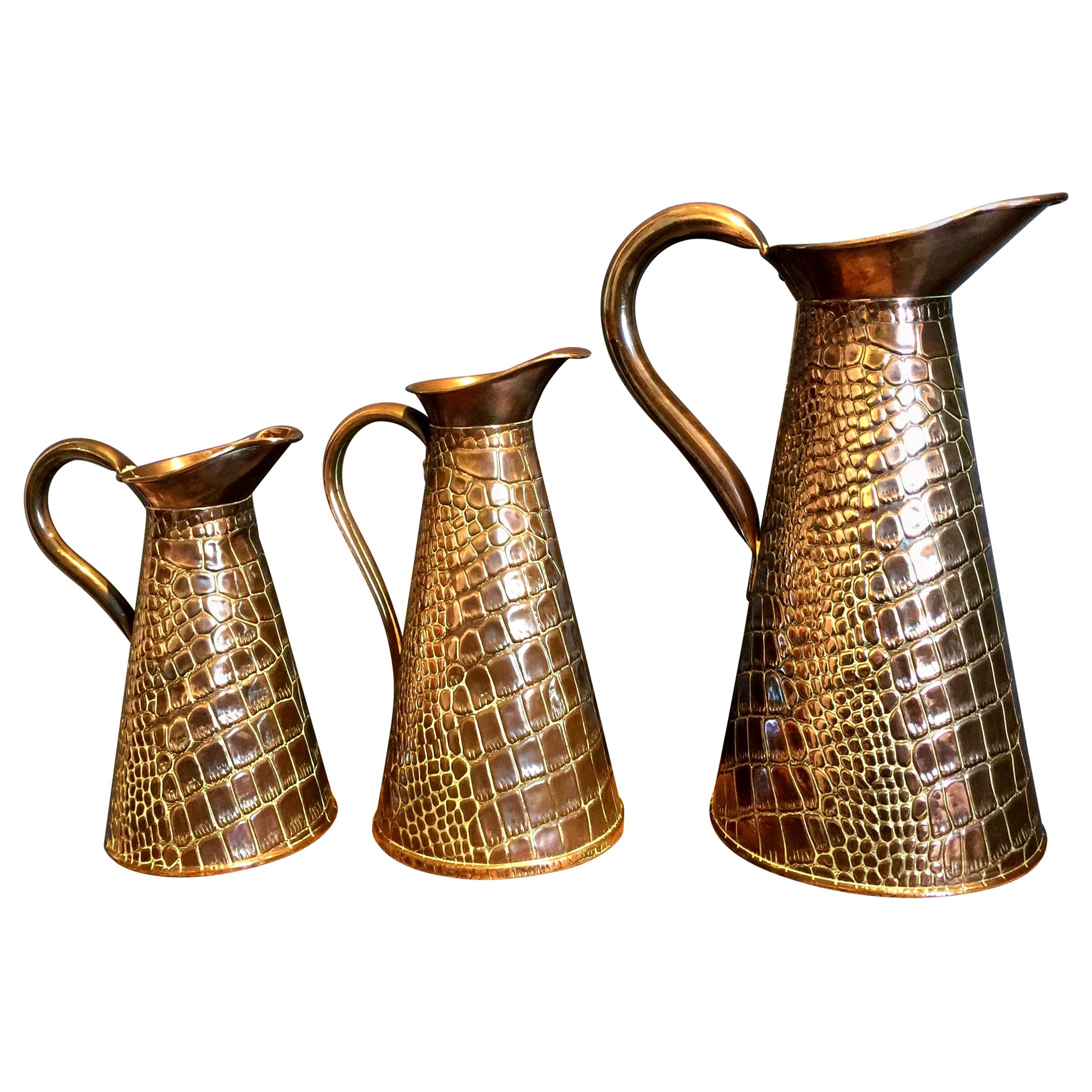 Set of Three Joseph Sankey & Son Copper Crocodile Jugs, circa 1900 For Sale