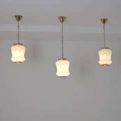Set of Three Jugend Style Pendants in Milk Glass & Brass, Valinte Finland 1970s