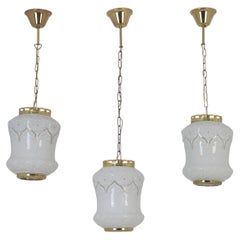 Set of Three Jugend Style Pendants in Milk Glass & Brass, Valinte Finland 1970s