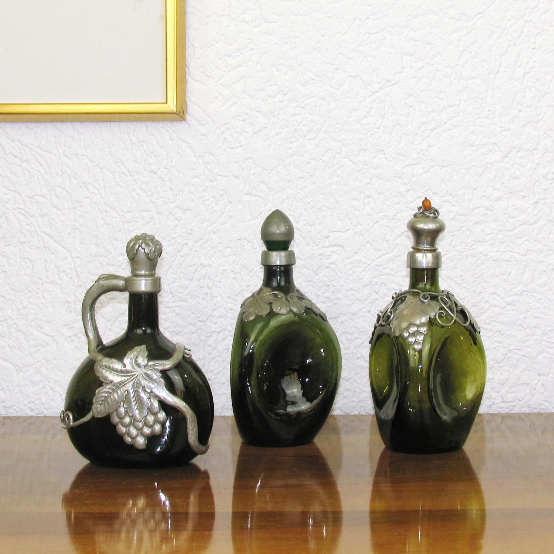 Early 20th Century Set of Three Jugendstil Danish Glass and Pewter Decanters