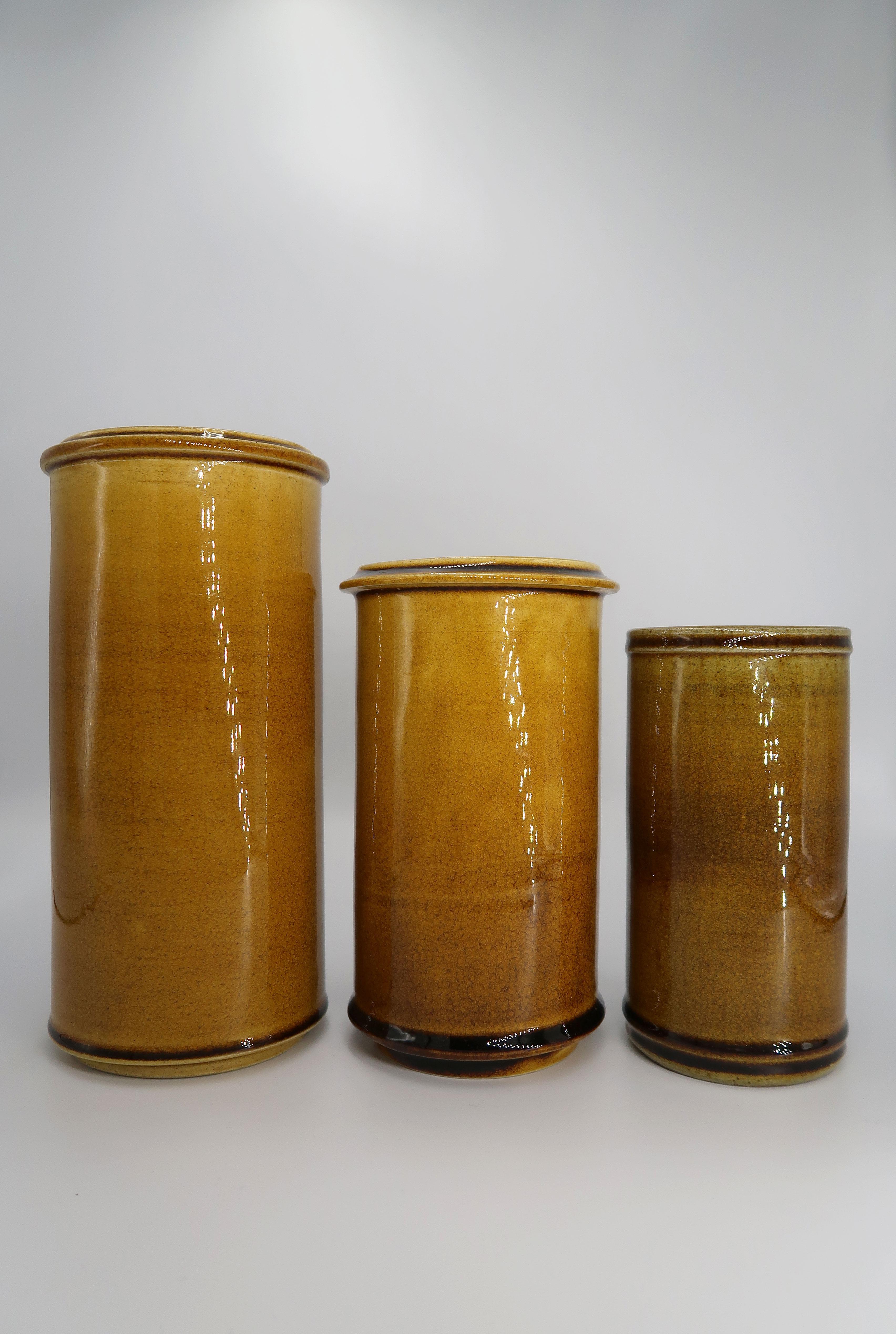 Scandinavian Modern Set of 1950s Danish Golden Ochre Ceramic Vases, Kähler For Sale
