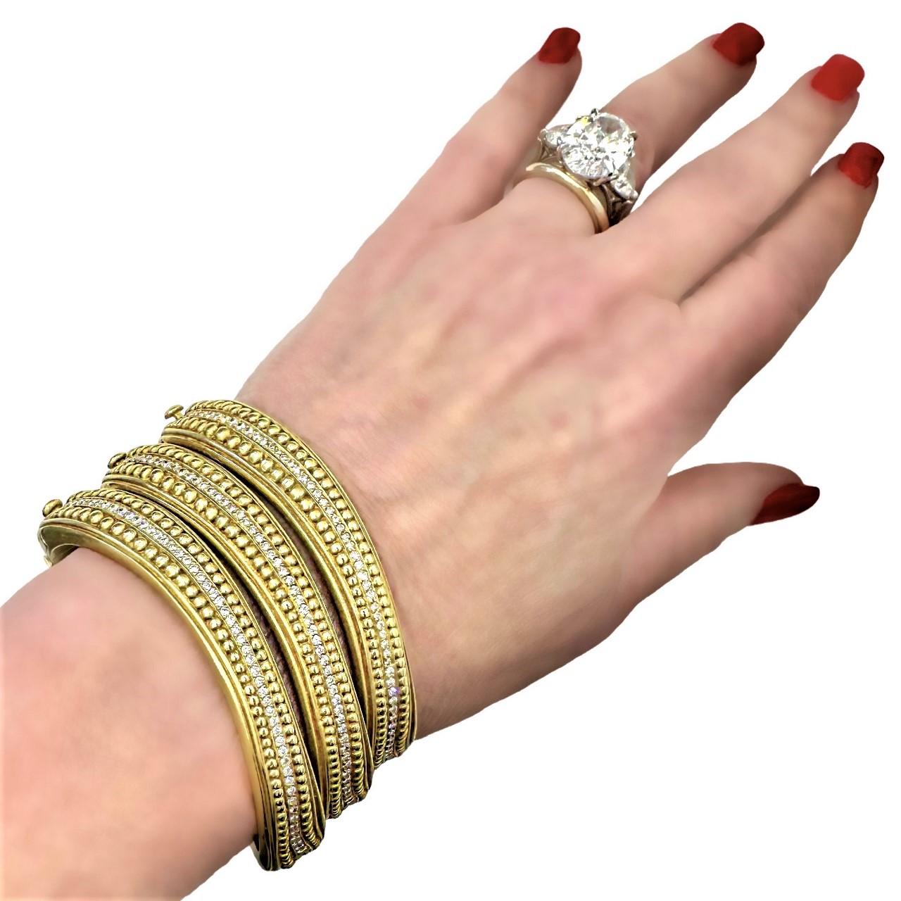 Set of Three Kieselstein Cord 18k Yellow Gold and Diamond Caviar Bracelets 1