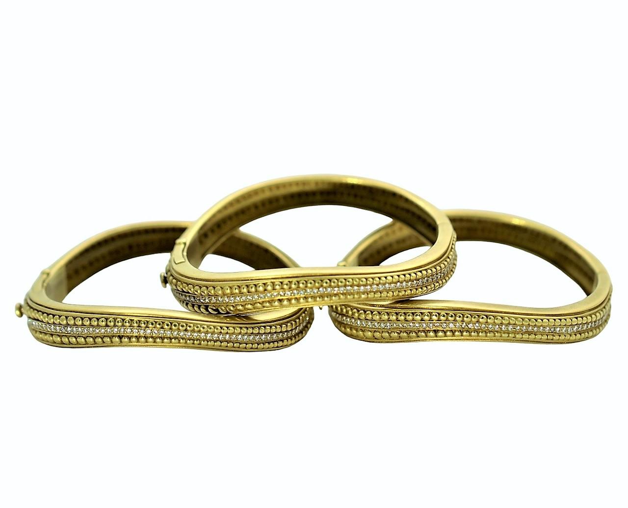 Modern Set of Three Kieselstein Cord 18k Yellow Gold and Diamond Caviar Bracelets