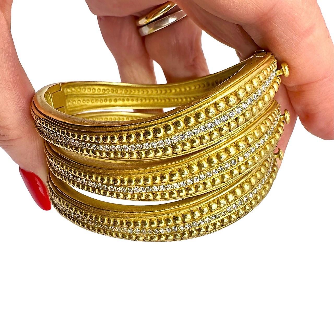 Women's Set of Three Kieselstein Cord 18k Yellow Gold and Diamond Caviar Bracelets