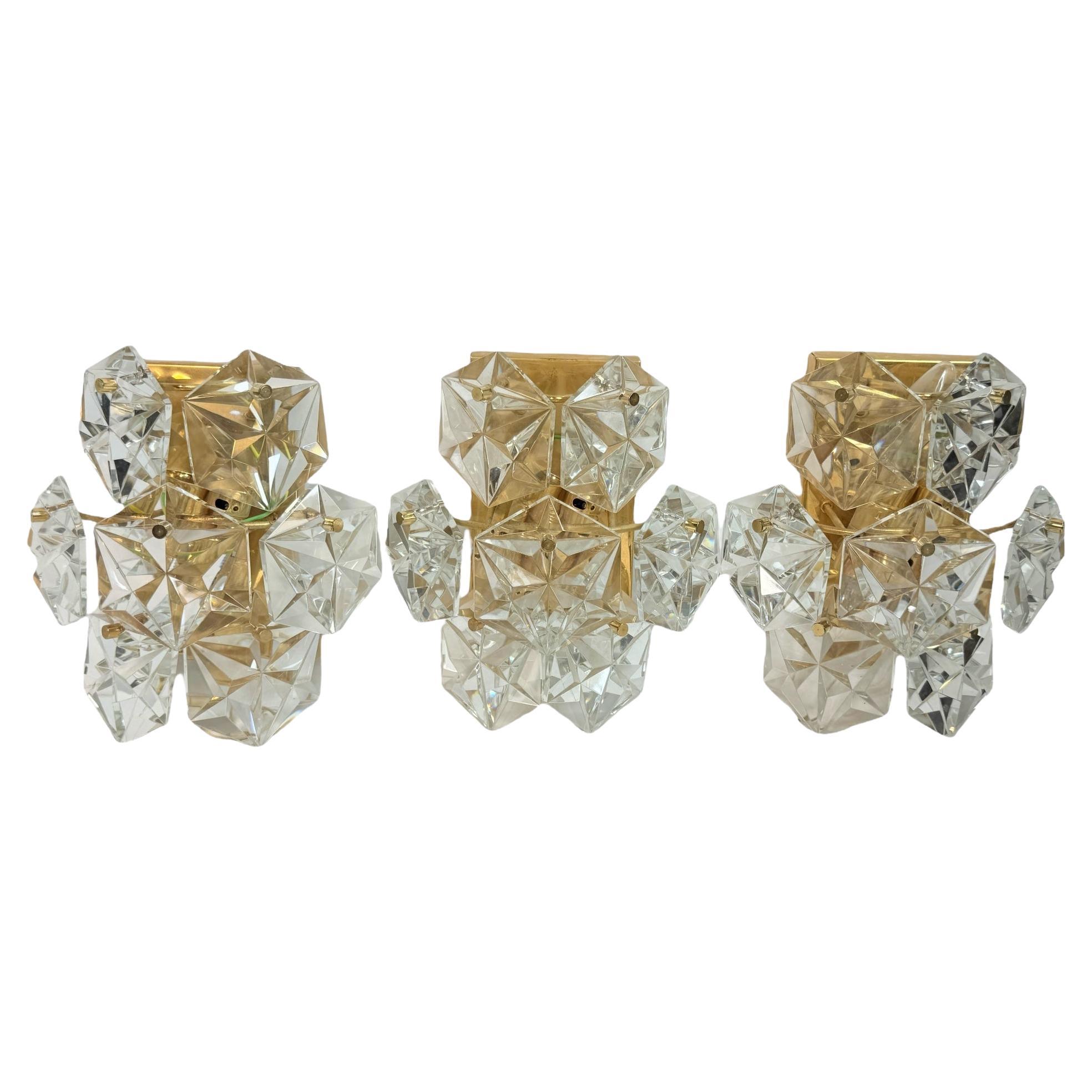 Set of Three Kinkeldey 22kt Gilt, Faceted Crystal Sconces, circa 1970s