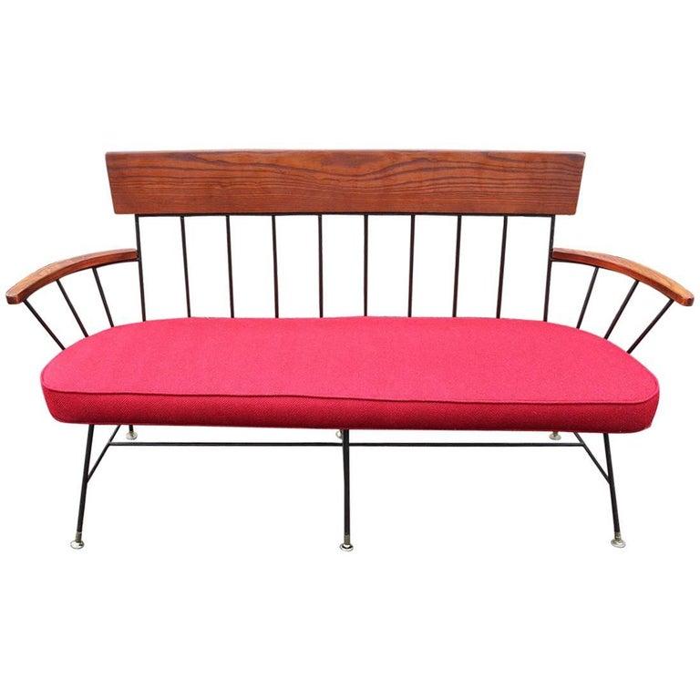 Iron Three Kitch Mid-Century Bar Stools with Pink Upholstery, Black Piping For Sale