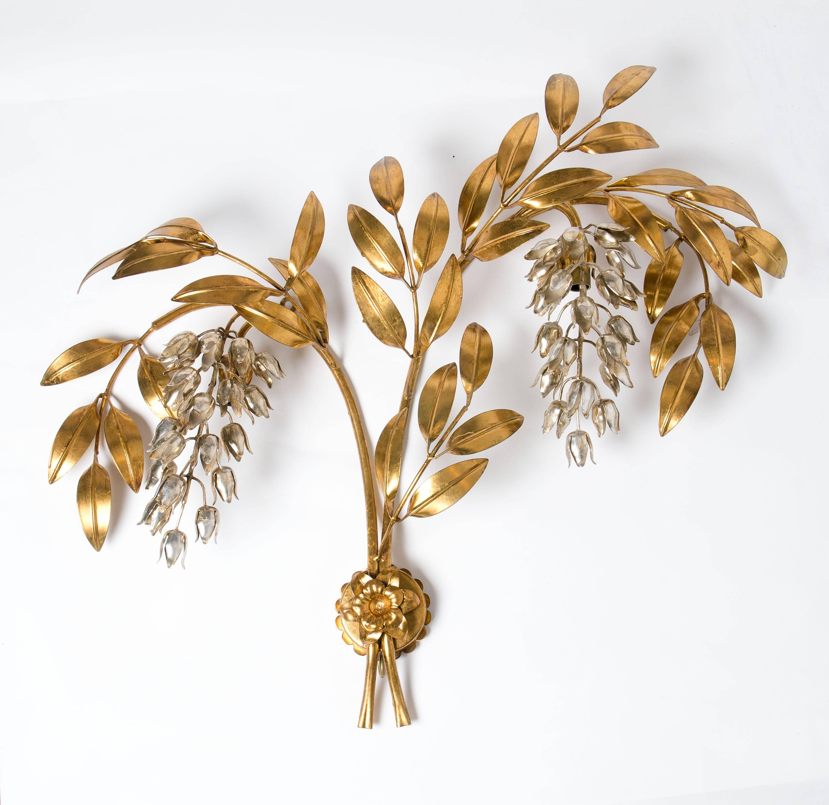 Set of Three Kögl Gilt Metal Palm Tree Wall Sconces 1960s, Maison Jansen Style For Sale 4