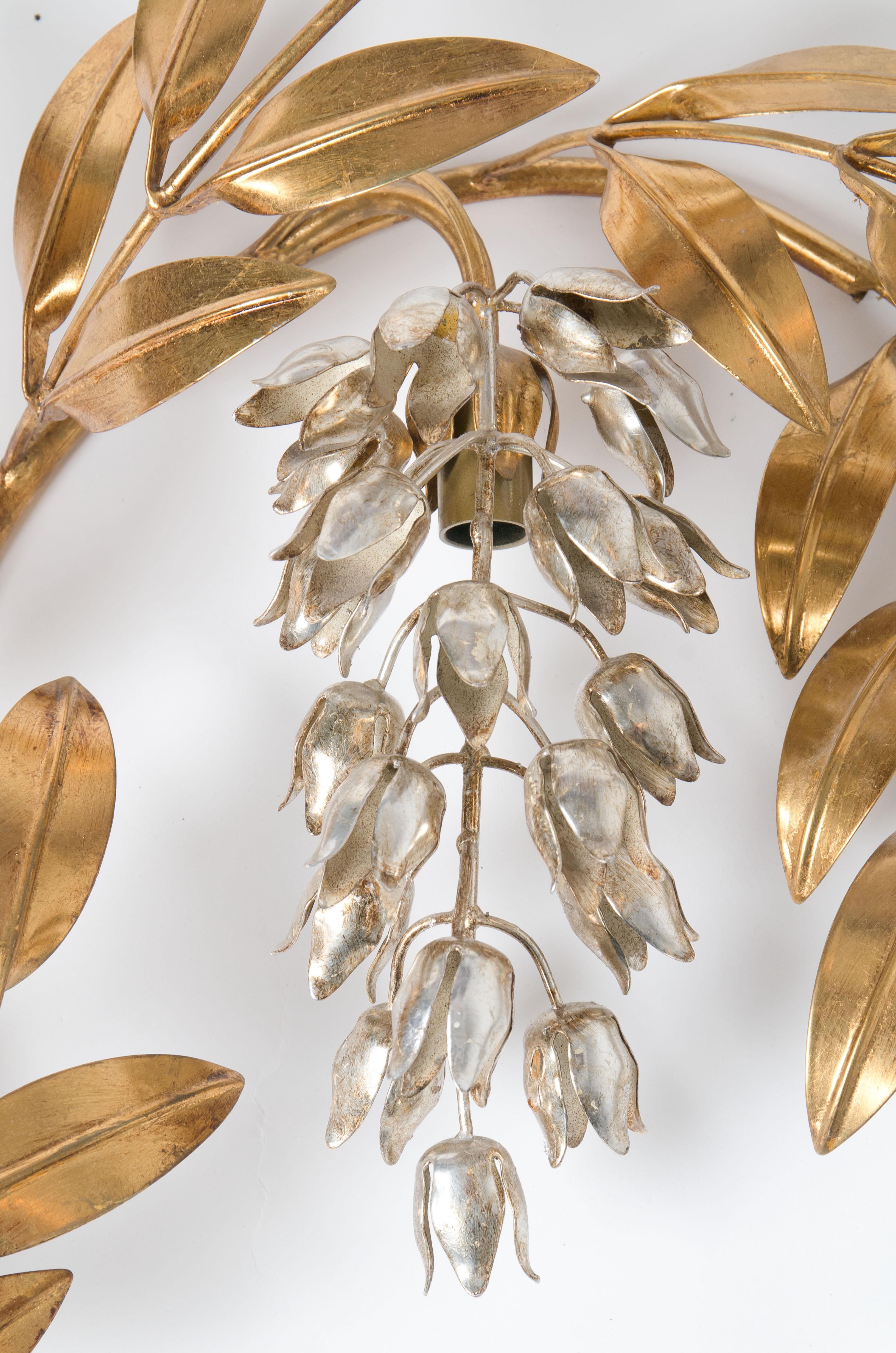 20th Century Set of Three Kögl Gilt Metal Palm Tree Wall Sconces 1960s, Maison Jansen Style For Sale