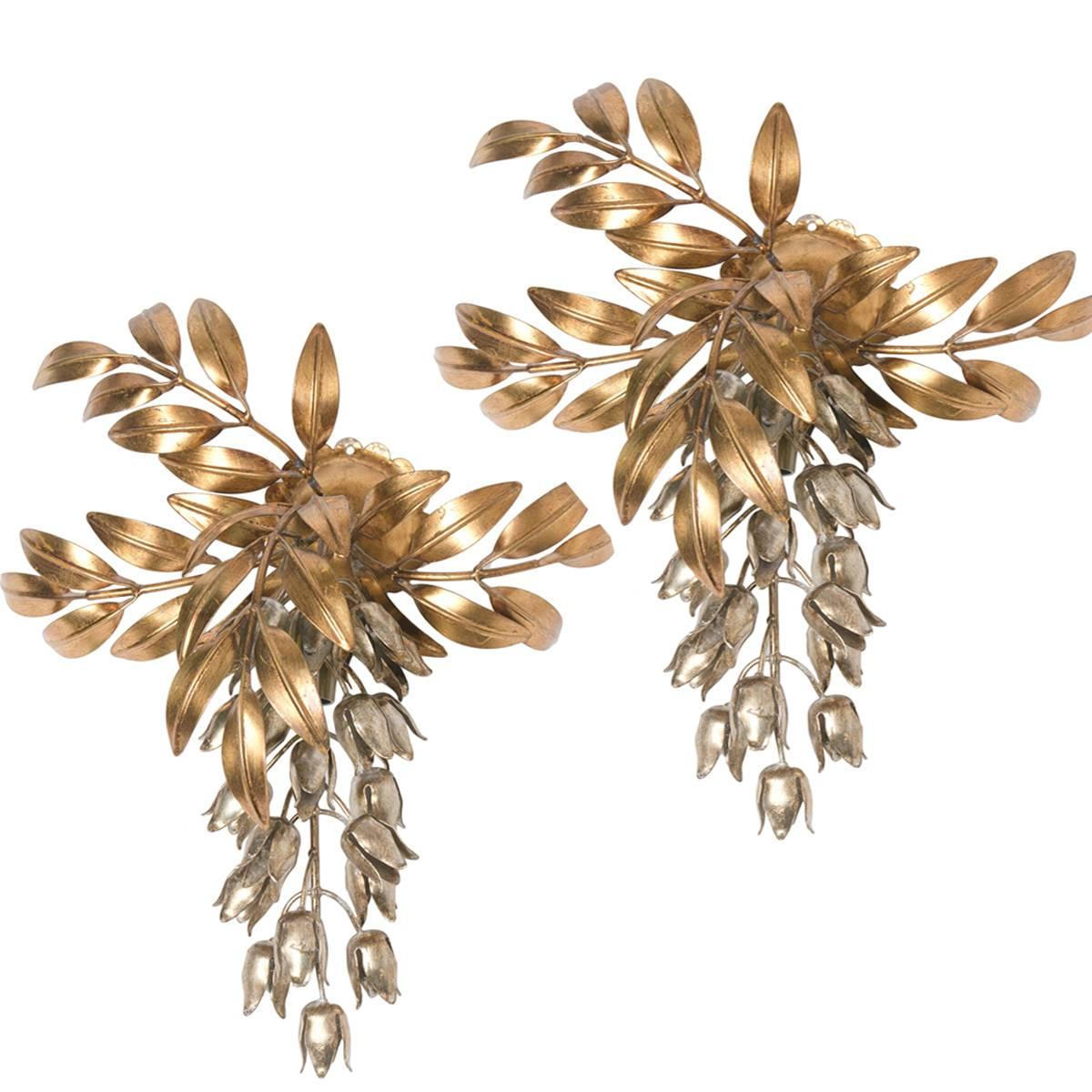 Set of Three Kögl Gilt Metal Palm Tree Wall Sconces 1960s, Maison Jansen Style For Sale 2