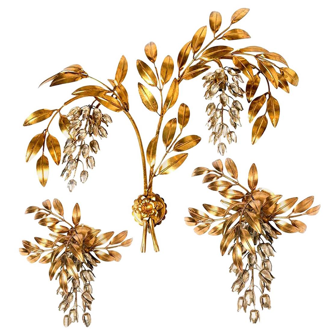 Set of Three Kögl Gilt Metal Palm Tree Wall Sconces 1960s, Maison Jansen Style For Sale