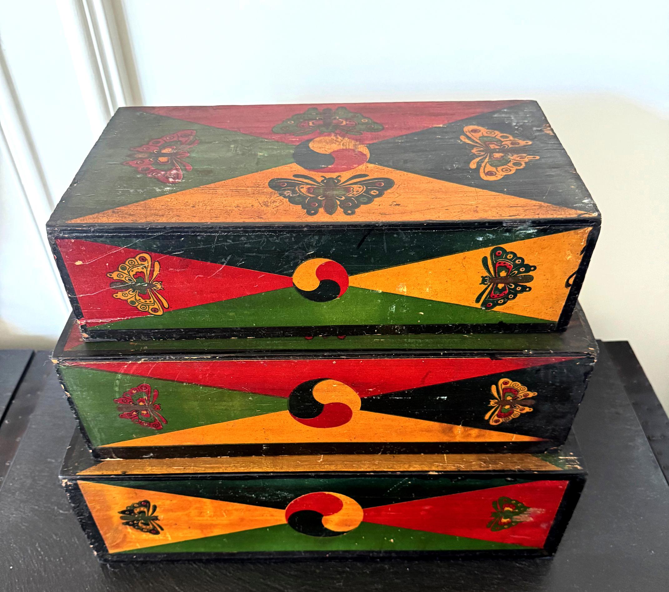 A set of three stackable nesting sewing boxes covered in colored Hanji paper. Known as Jijang Samhap, these boxes were used in woman's quarter to storage sewing, embroidery and other needlework accoutrements. These boxes were traditionally made with