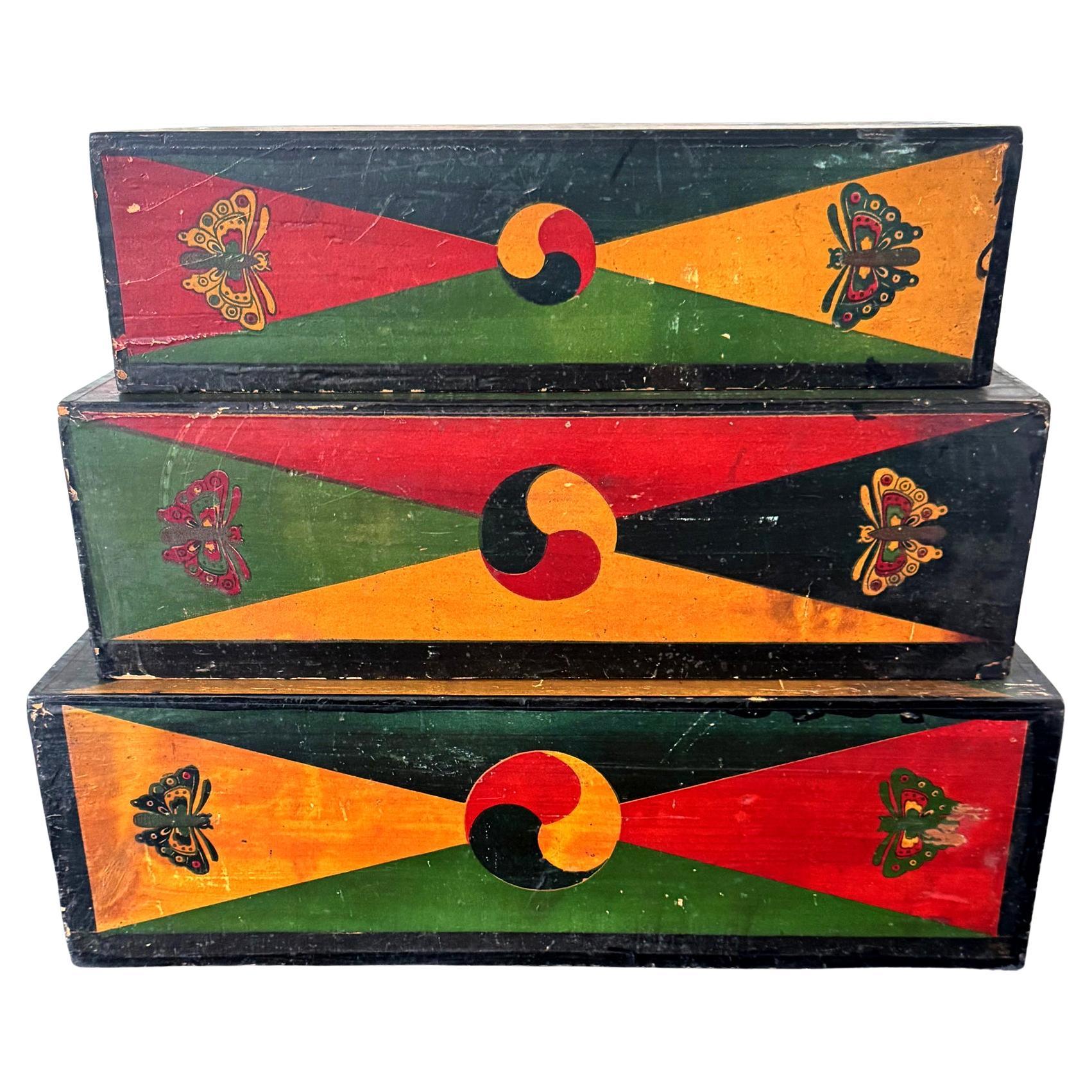 Set of Three Korean Stackable Sewing Box Covered in Hanji Paper For Sale