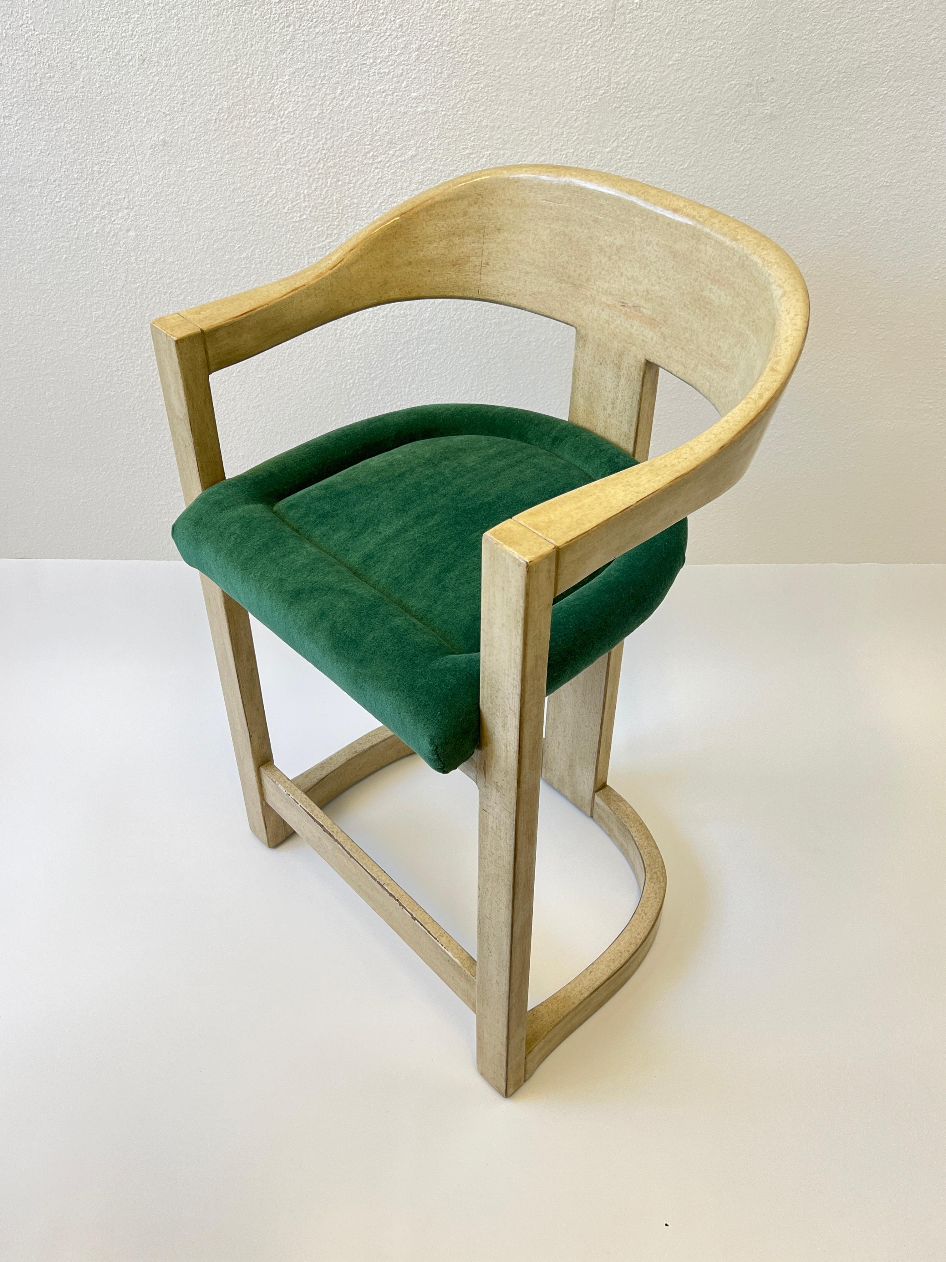 Set of Three Lacquered and Emerald Green Mohair Barstools by Karl Springer For Sale 5