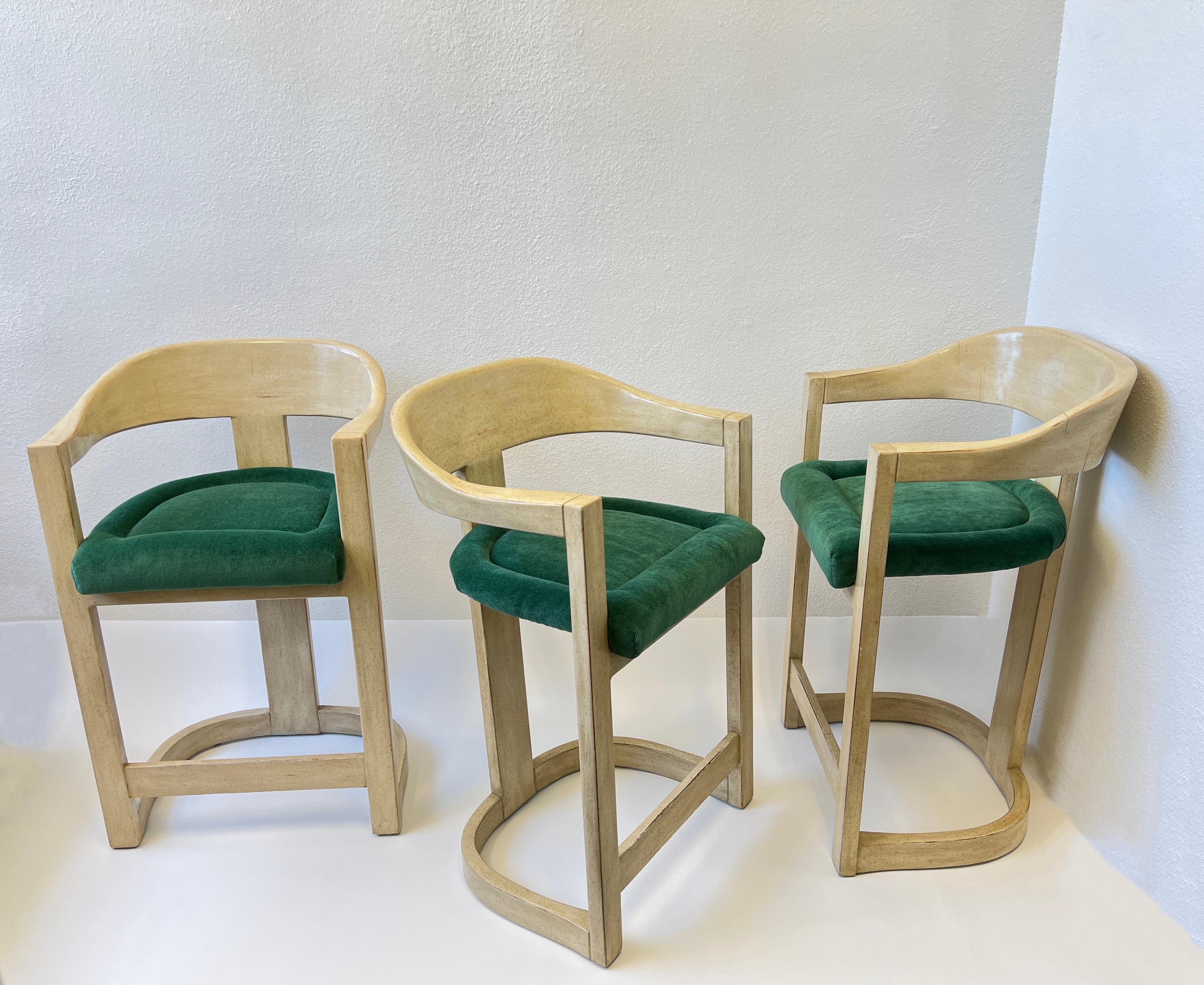 Set of Three Lacquered and Emerald Green Mohair Barstools by Karl Springer  For Sale 10