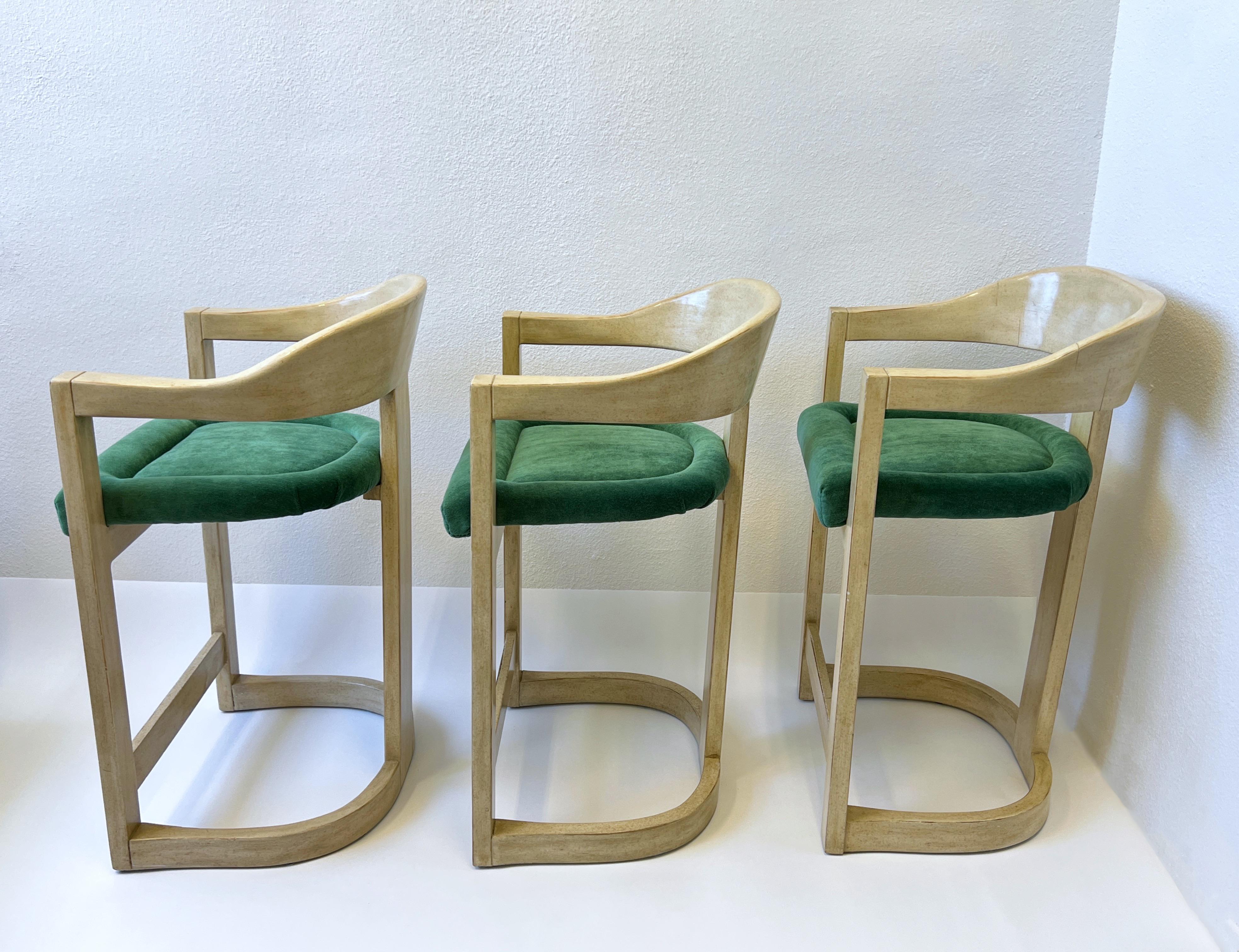 Modern Set of Three Lacquered and Emerald Green Mohair Barstools by Karl Springer  For Sale