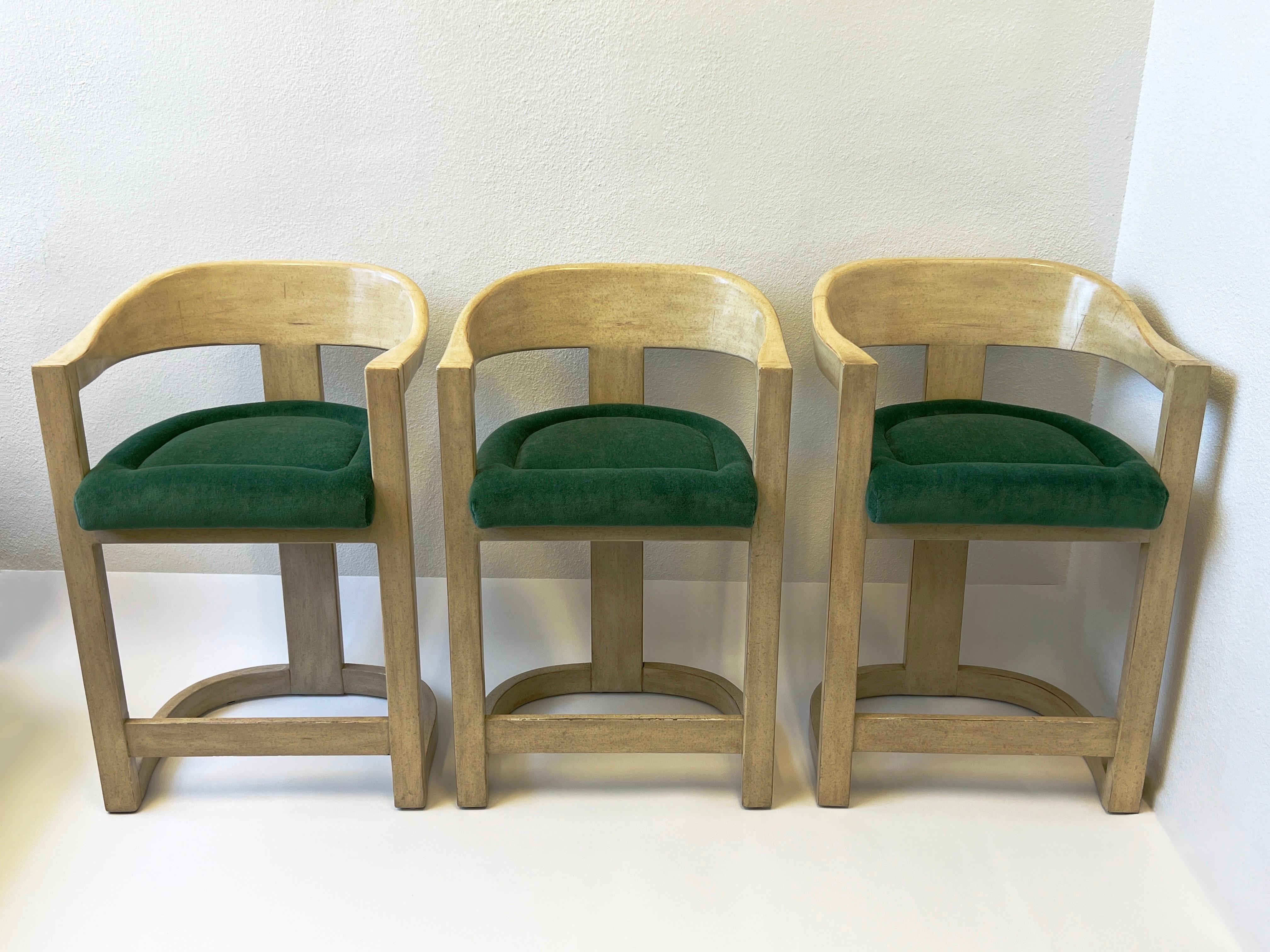 American Set of Three Lacquered and Emerald Green Mohair Barstools by Karl Springer  For Sale