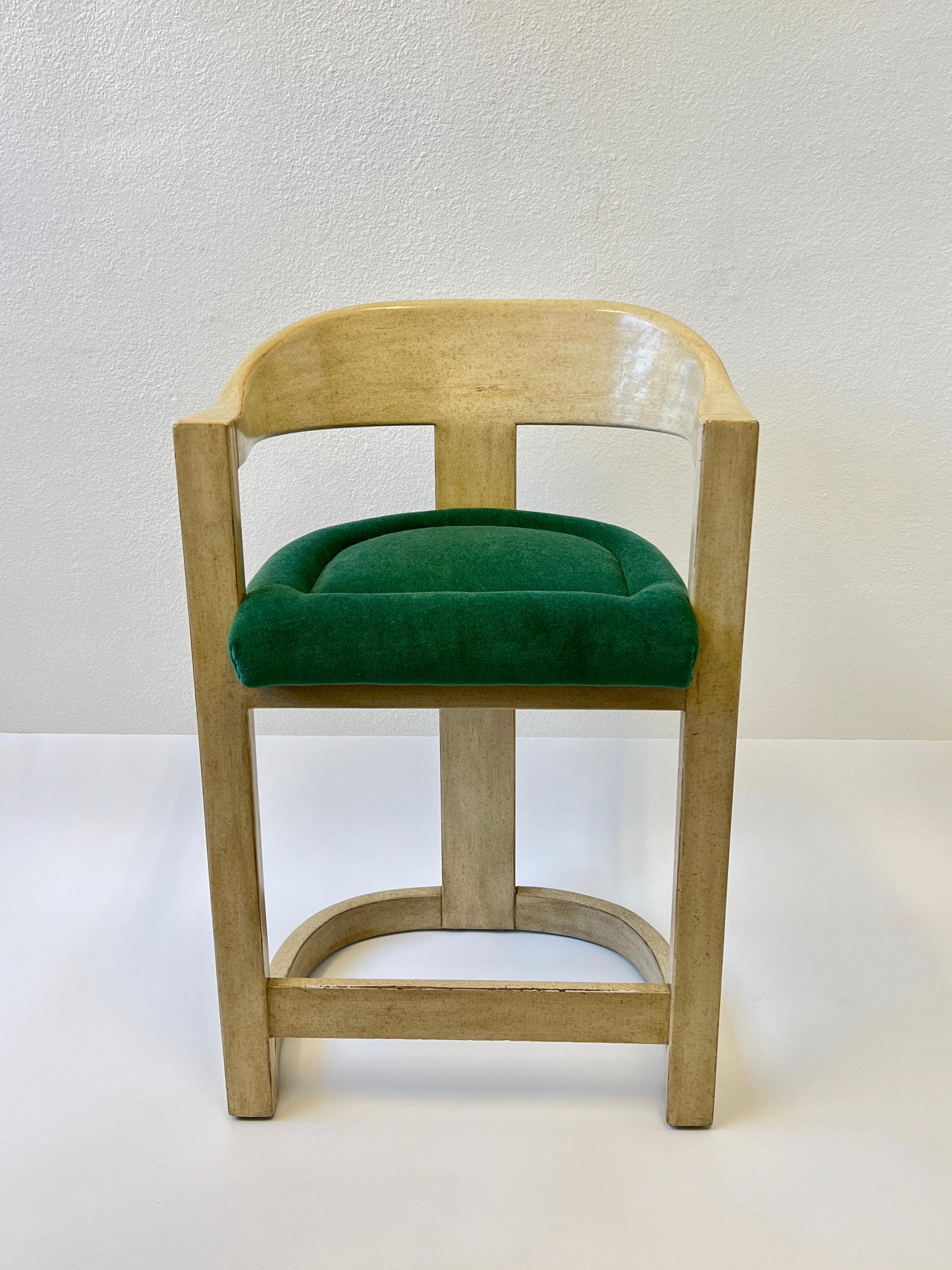 Late 20th Century Set of Three Lacquered and Emerald Green Mohair Barstools by Karl Springer For Sale