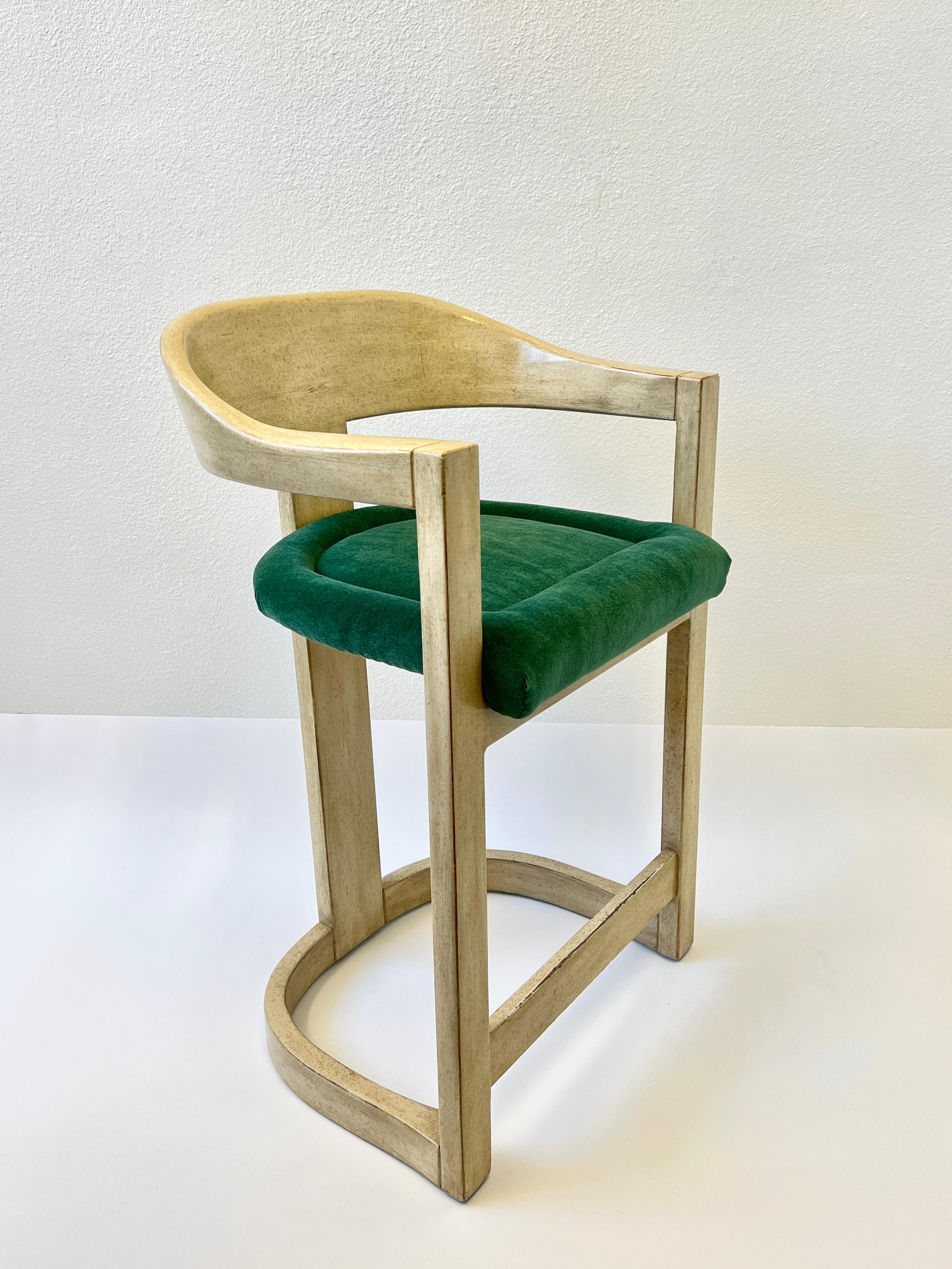 Fabric Set of Three Lacquered and Emerald Green Mohair Barstools by Karl Springer For Sale
