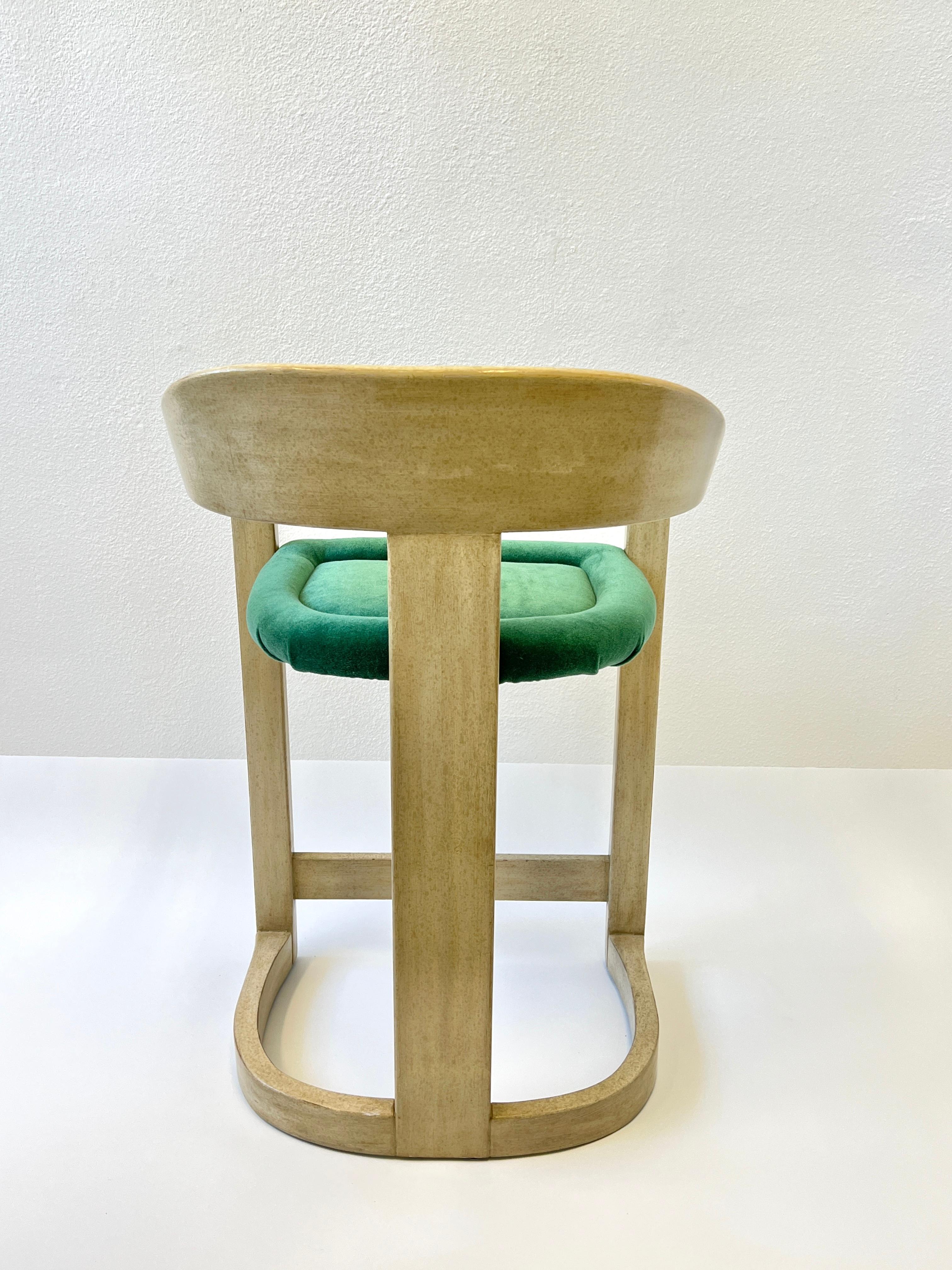Set of Three Lacquered and Emerald Green Mohair Barstools by Karl Springer  For Sale 2