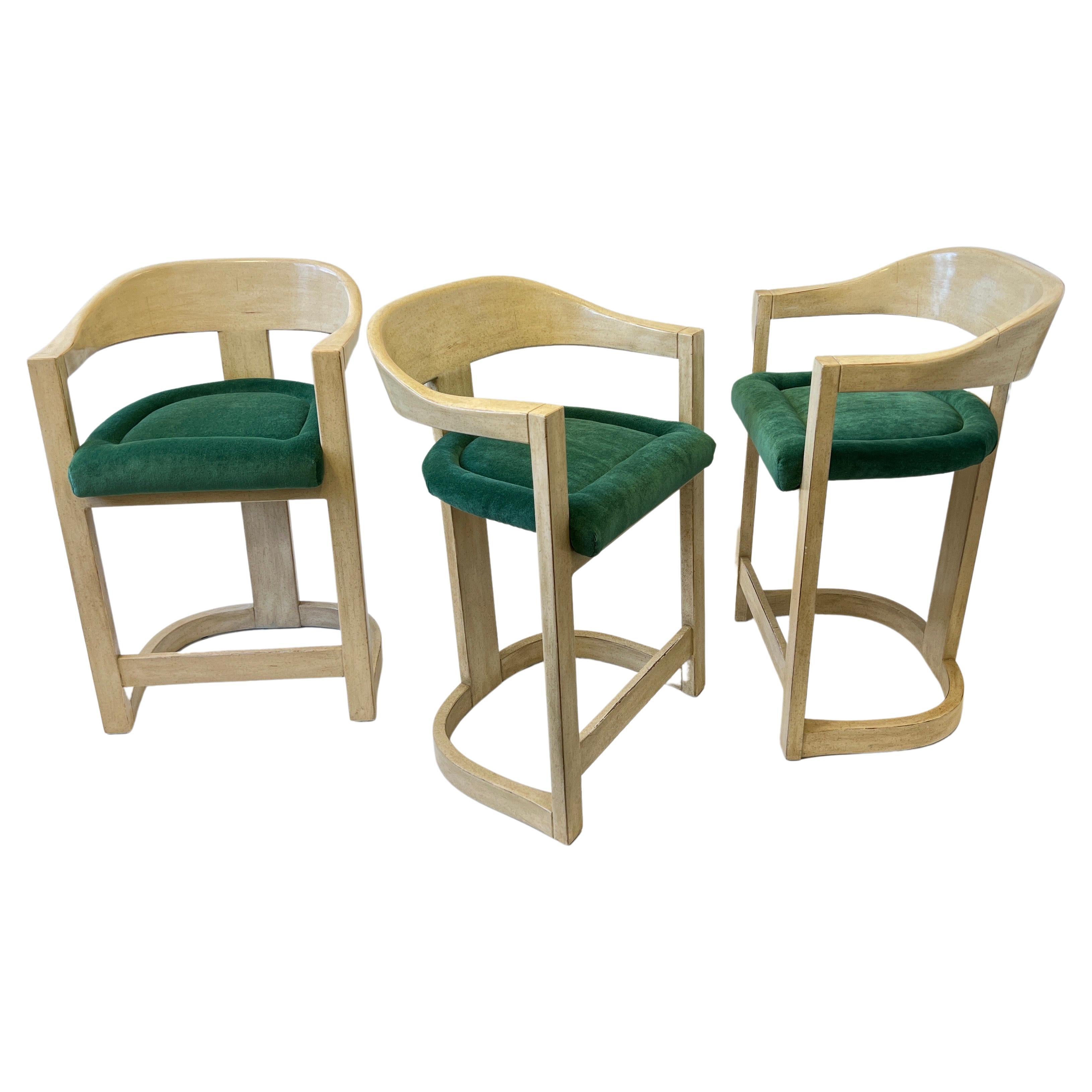 Set of Three Lacquered and Emerald Green Mohair Barstools by Karl Springer  For Sale