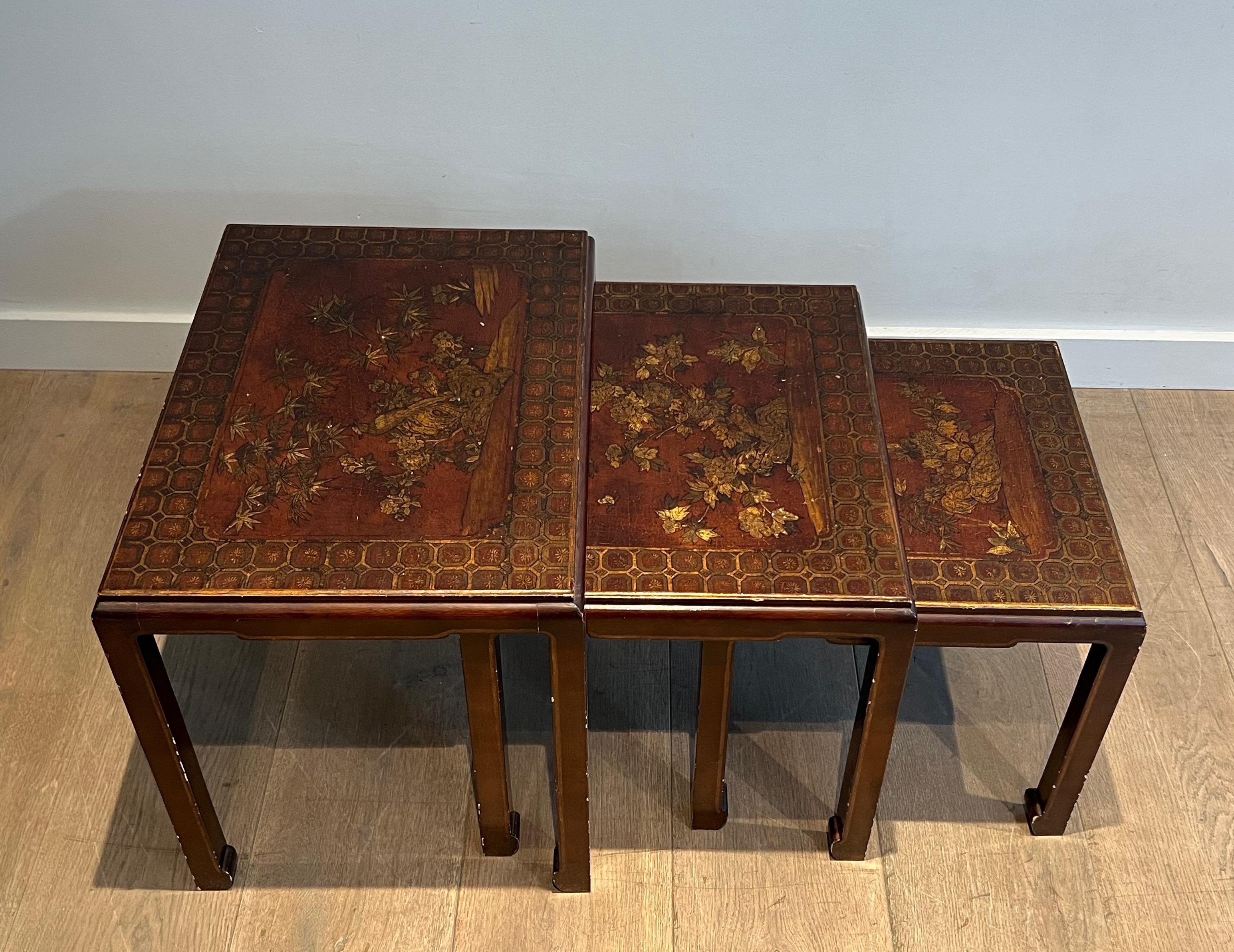 French Set of Three Lacquered Nesting Tables with Chinese Scenes. Circa 1940 For Sale