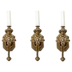 Set Of Three Lady Form Vintage Gilt Brass Sconces