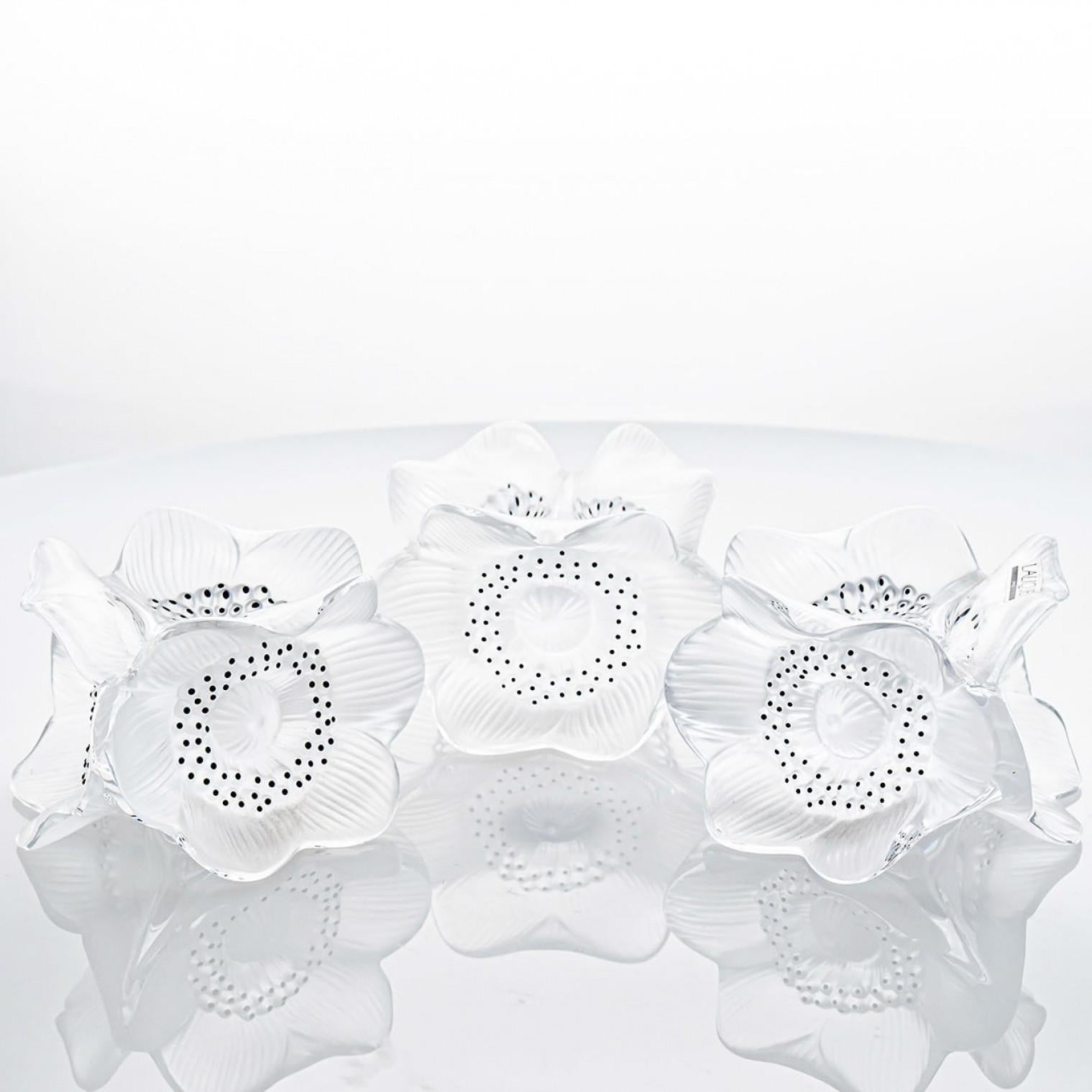 French Set of Three Lalique Anemones Candle Holders, 1975 For Sale