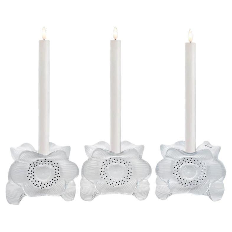 Set of Three Lalique Anemones Candle Holders, 1975 For Sale