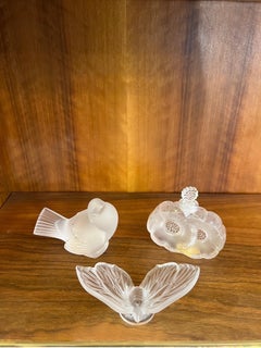 Set of Three Lalique Sculputes Sparrow Butterfly and Perfume Bottle 1950s