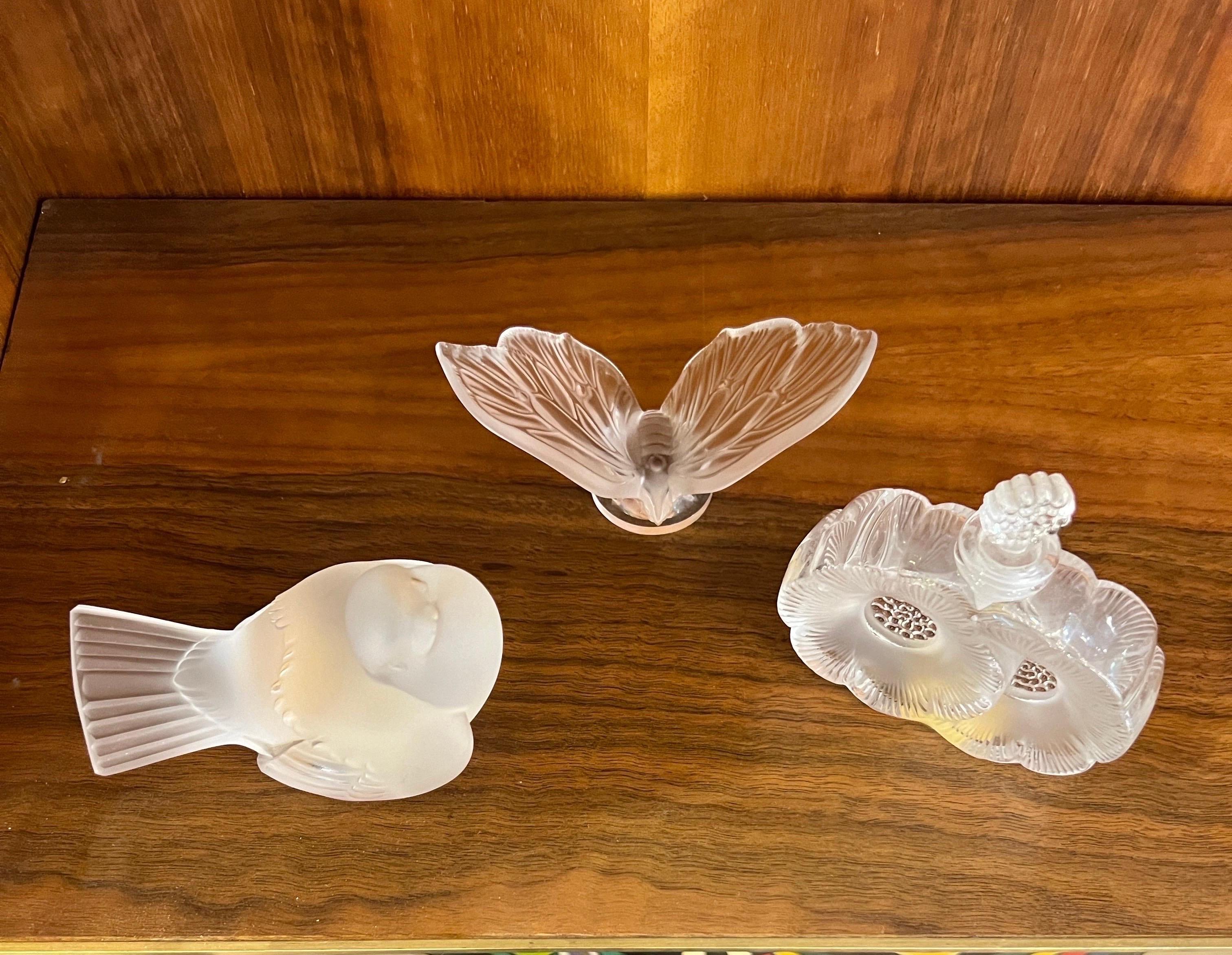 French Set of Three Lalique Sculputes Sparrow Butterfly and Perfume Bottle 1950s For Sale