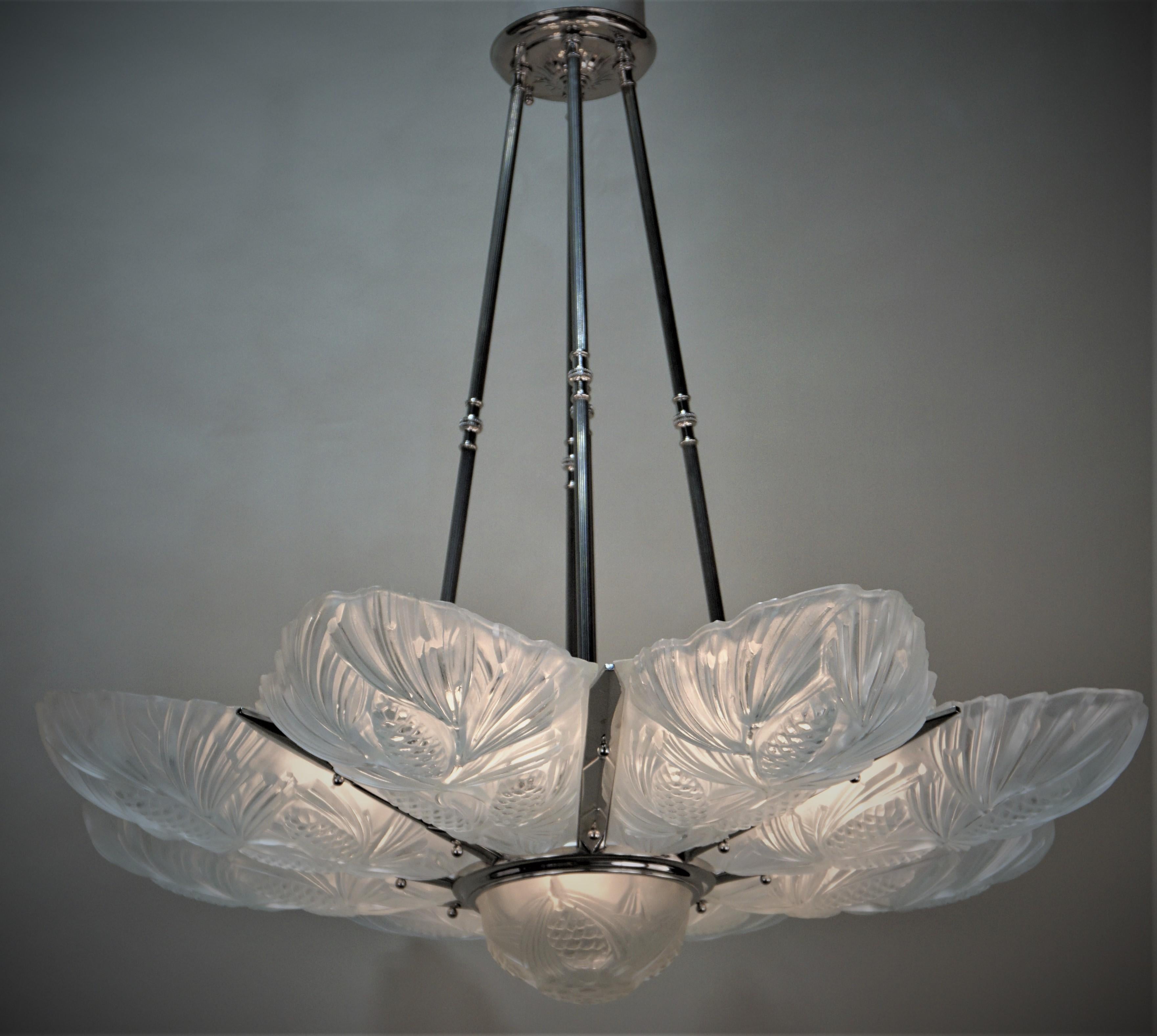Glass  Large Art Deco Chandelier by Sabino