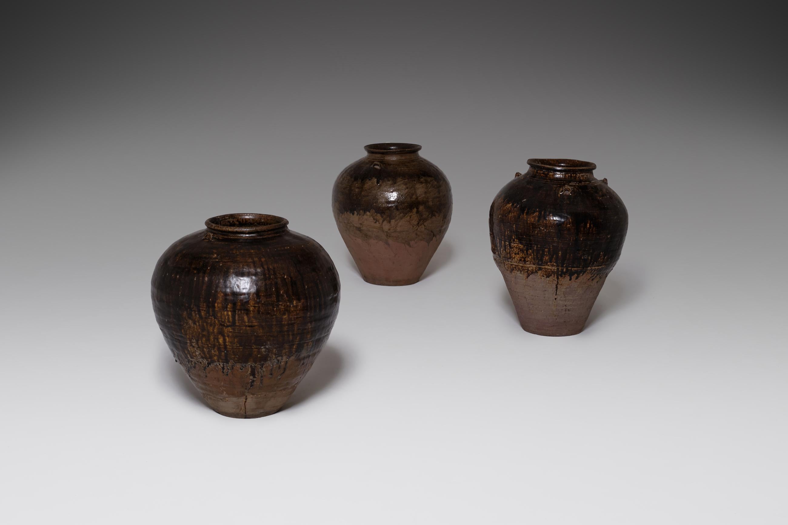 18th Century and Earlier Set of Three Large Burmese Ceramic Martaban Jars, circa 18th Century For Sale