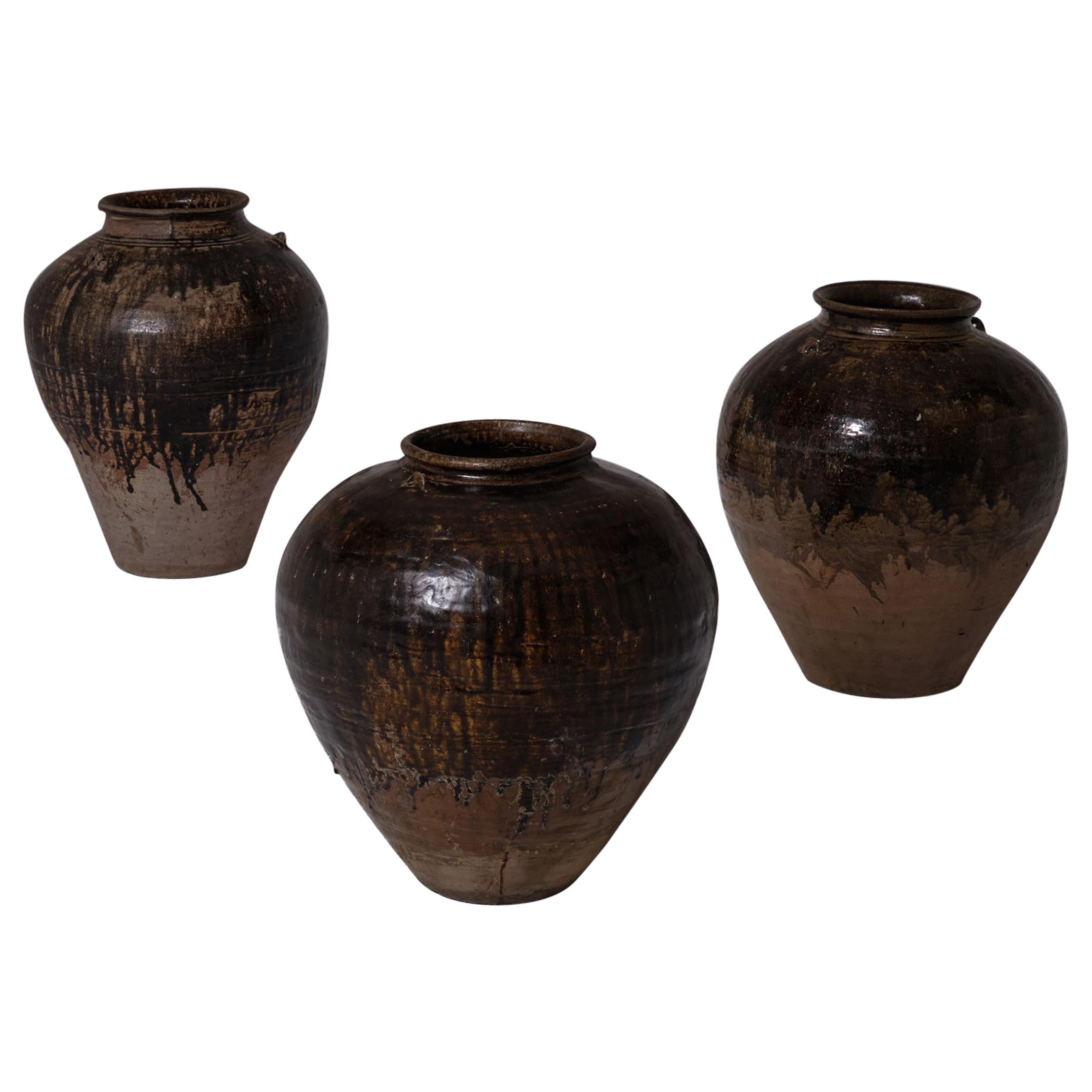 Set of Three Large Burmese Ceramic Martaban Jars, circa 18th Century