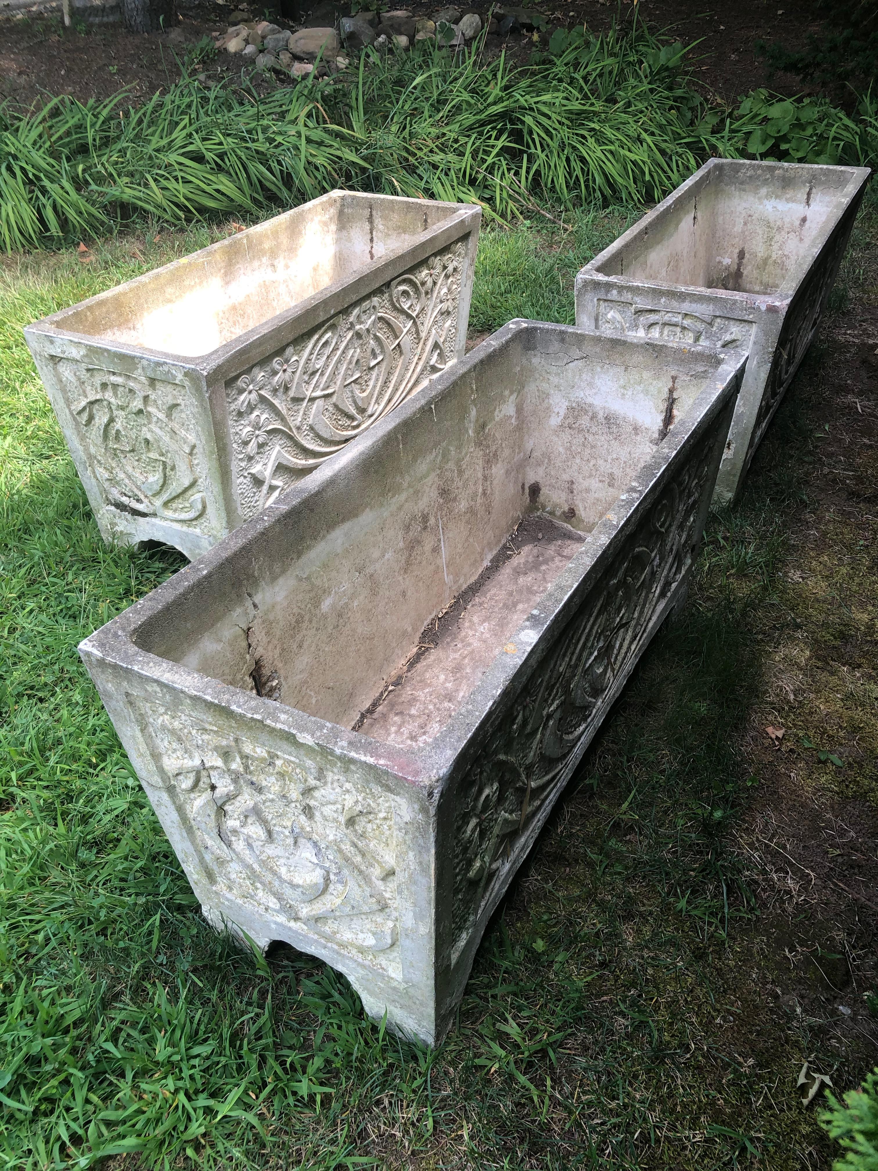 Set of Three Large French Cast Stone Art Nouveau Style Rectangular Planters In Good Condition In Woodbury, CT