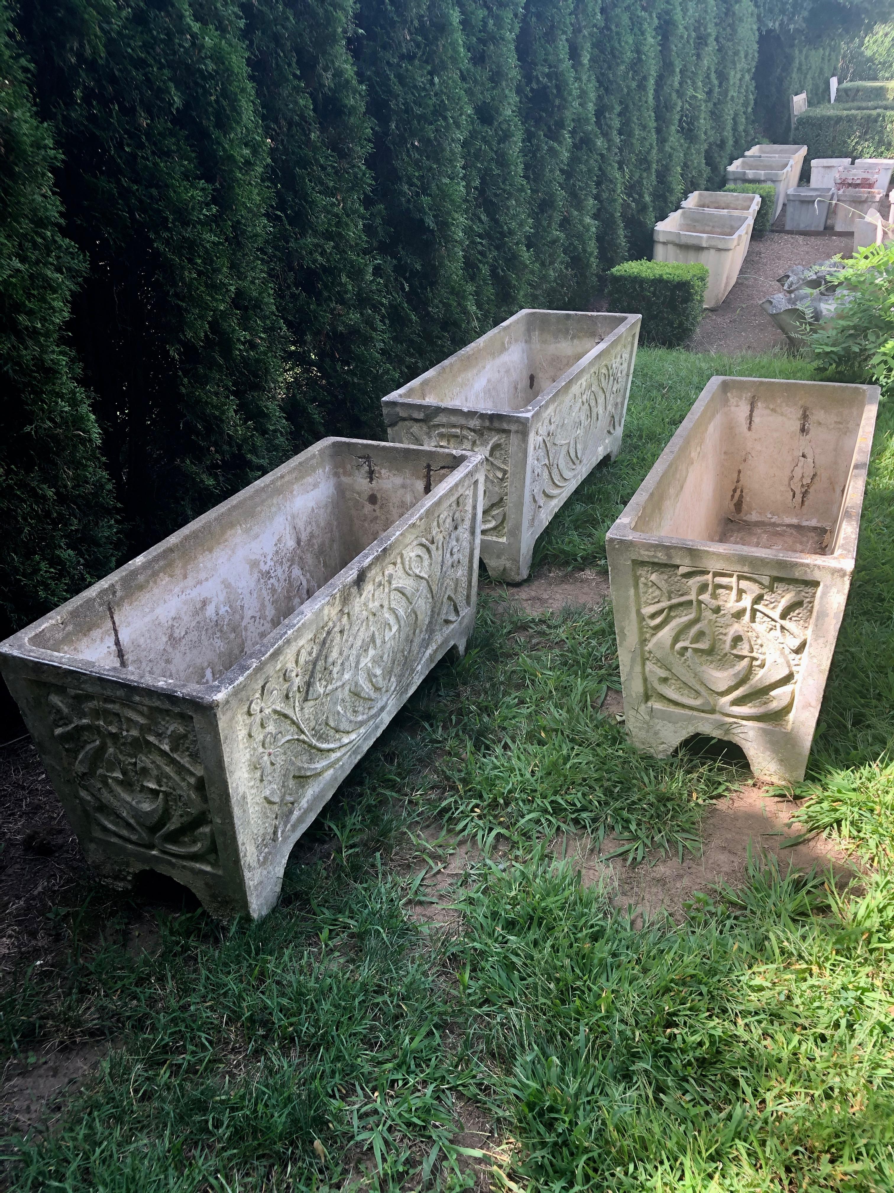20th Century Set of Three Large French Cast Stone Art Nouveau Style Rectangular Planters