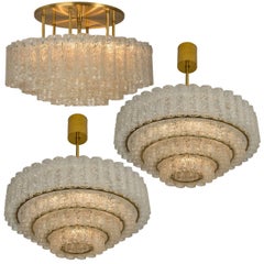 Set of Three Large Glass Brass Light Fixtures by Doria, Germany, 1969