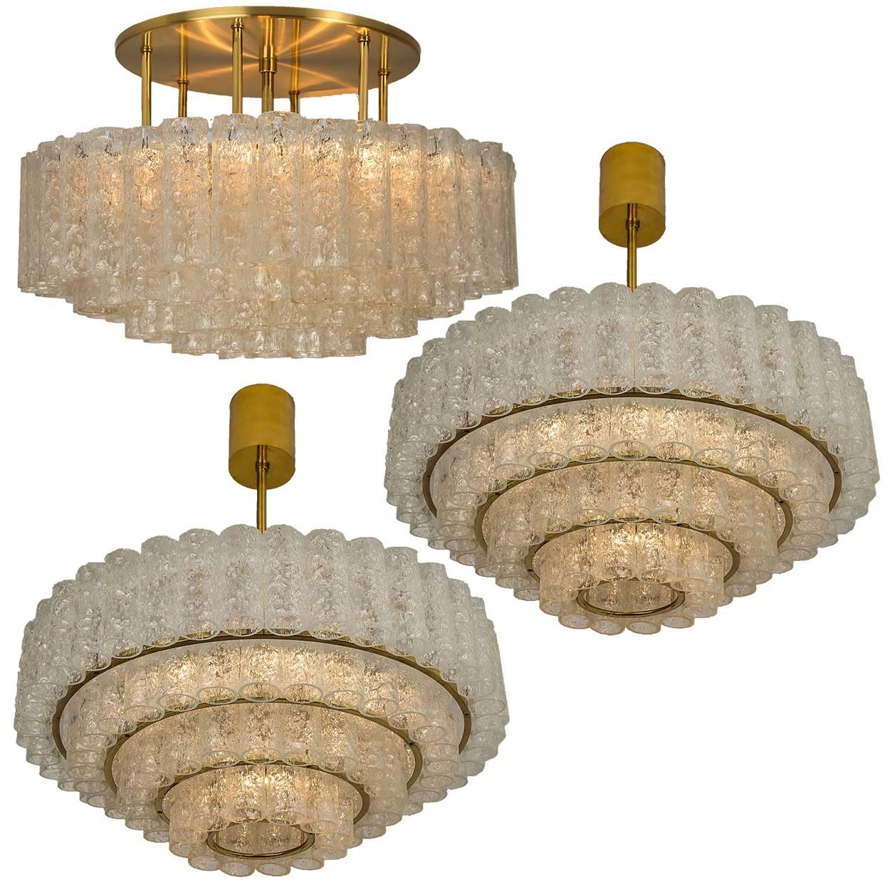 Mid-Century Modern Set of Three Large Glass Brass Light Fixtures by Doria, Germany, 1969 For Sale