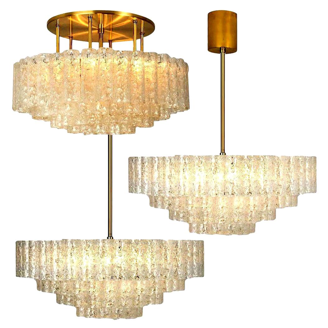 Set of Three Large Glass Brass Light Fixtures by Doria, Germany, 1969
