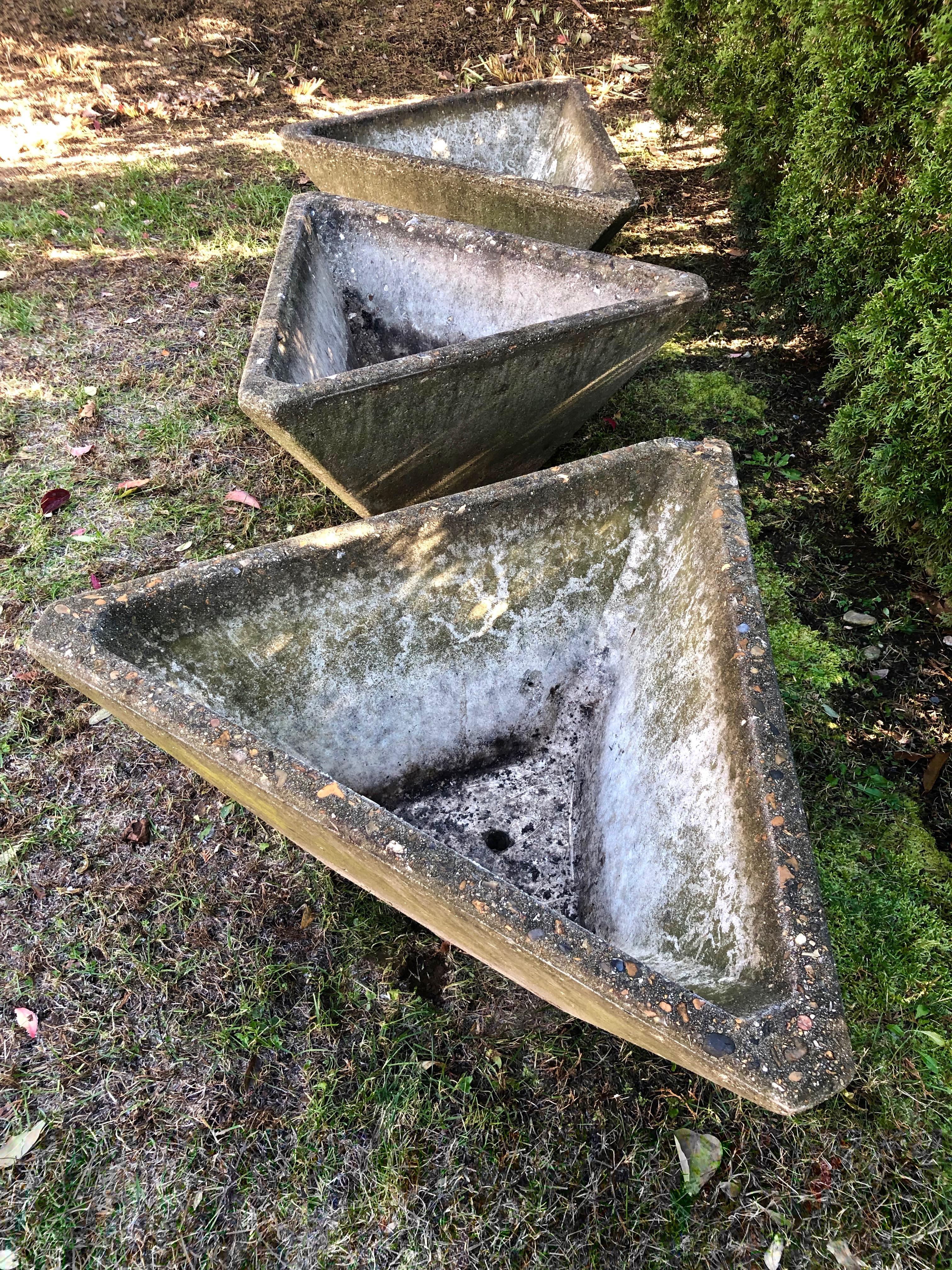 Set of Three Large, Heavy English Triangular Cast Stone Planters 6