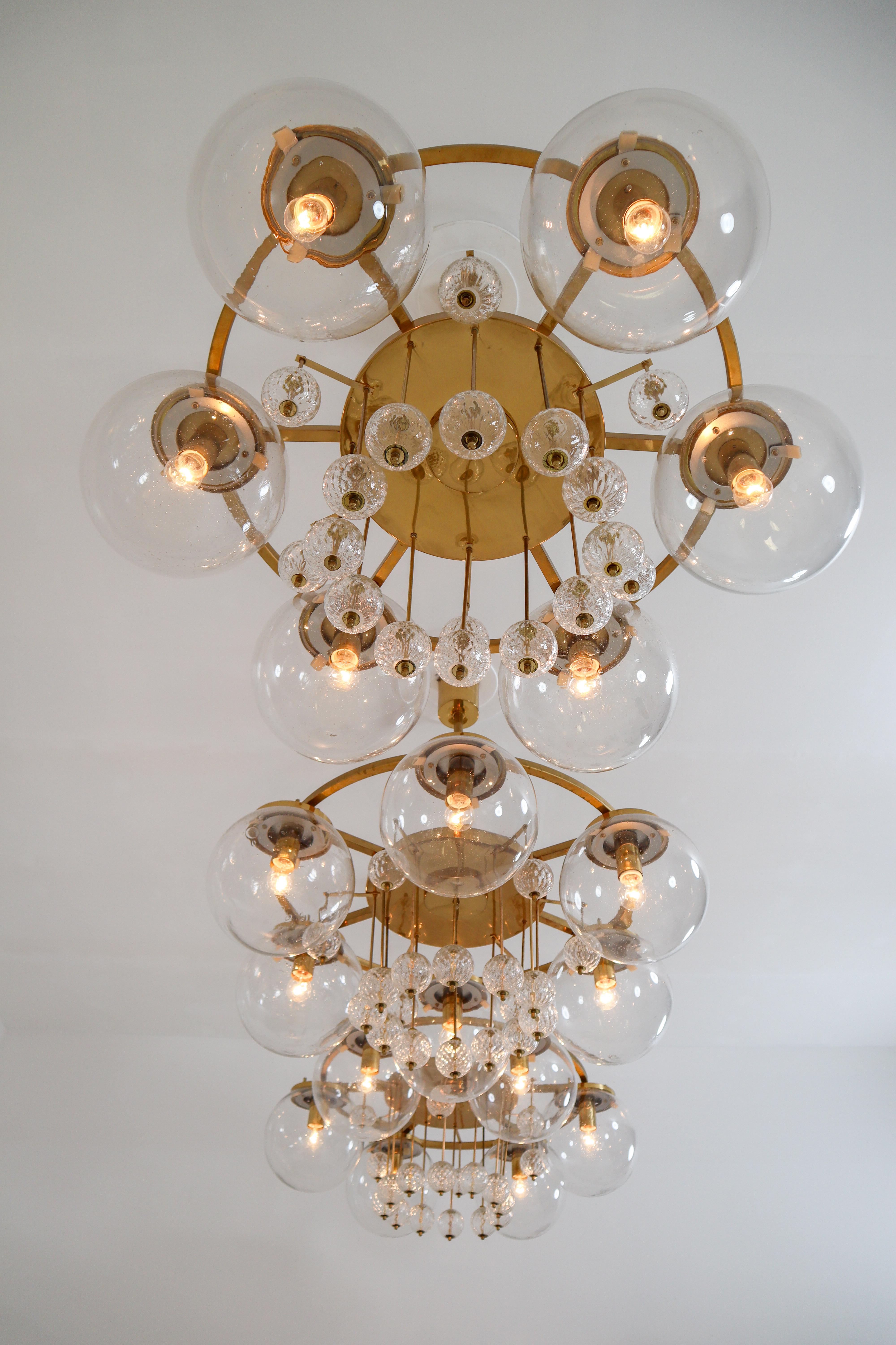 Set of Three Large Hotel Chandeliers, in Brass and Glass, European, 1970s 6