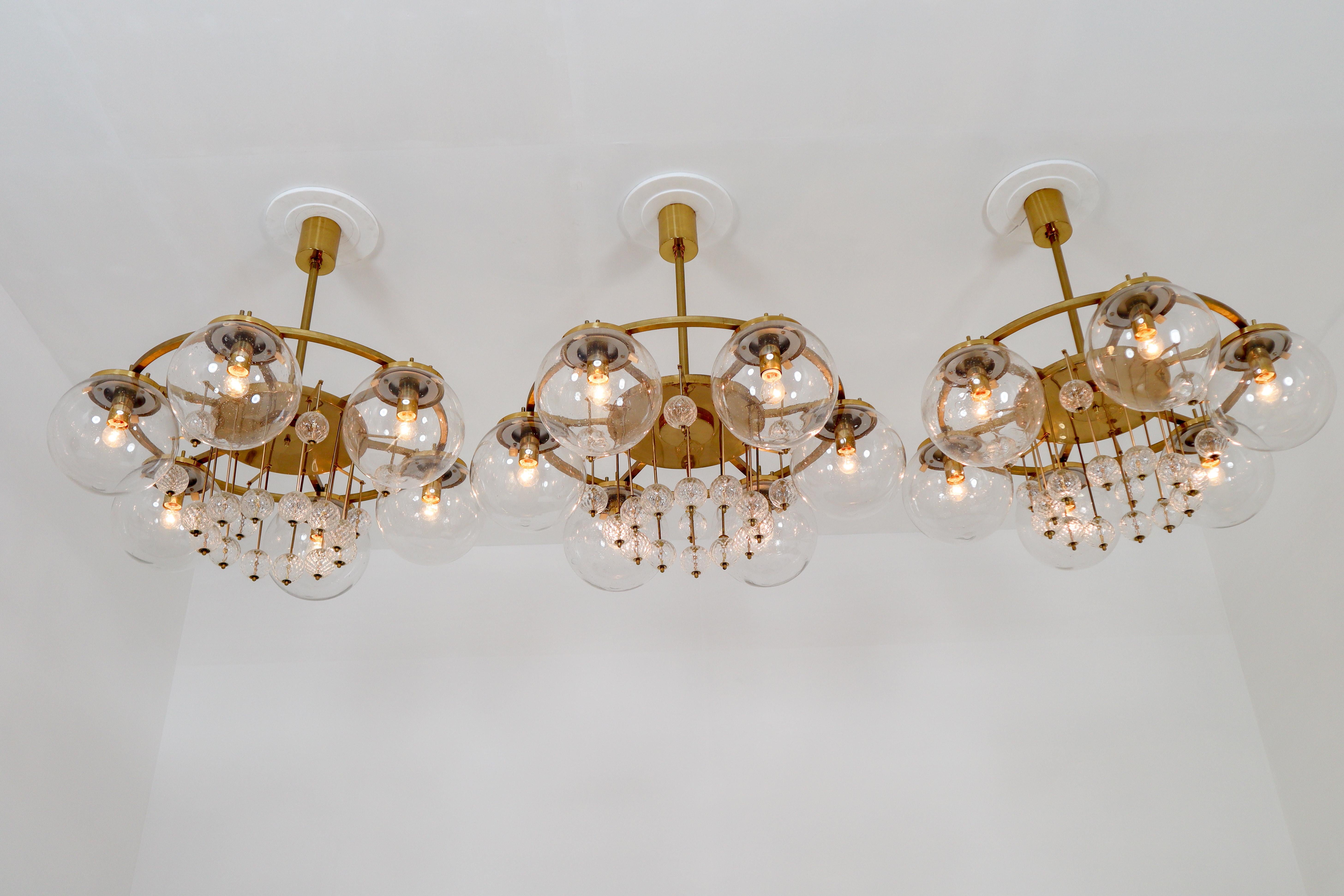 Set of Three Large Hotel Chandeliers, in Brass and Glass, European, 1970s 7